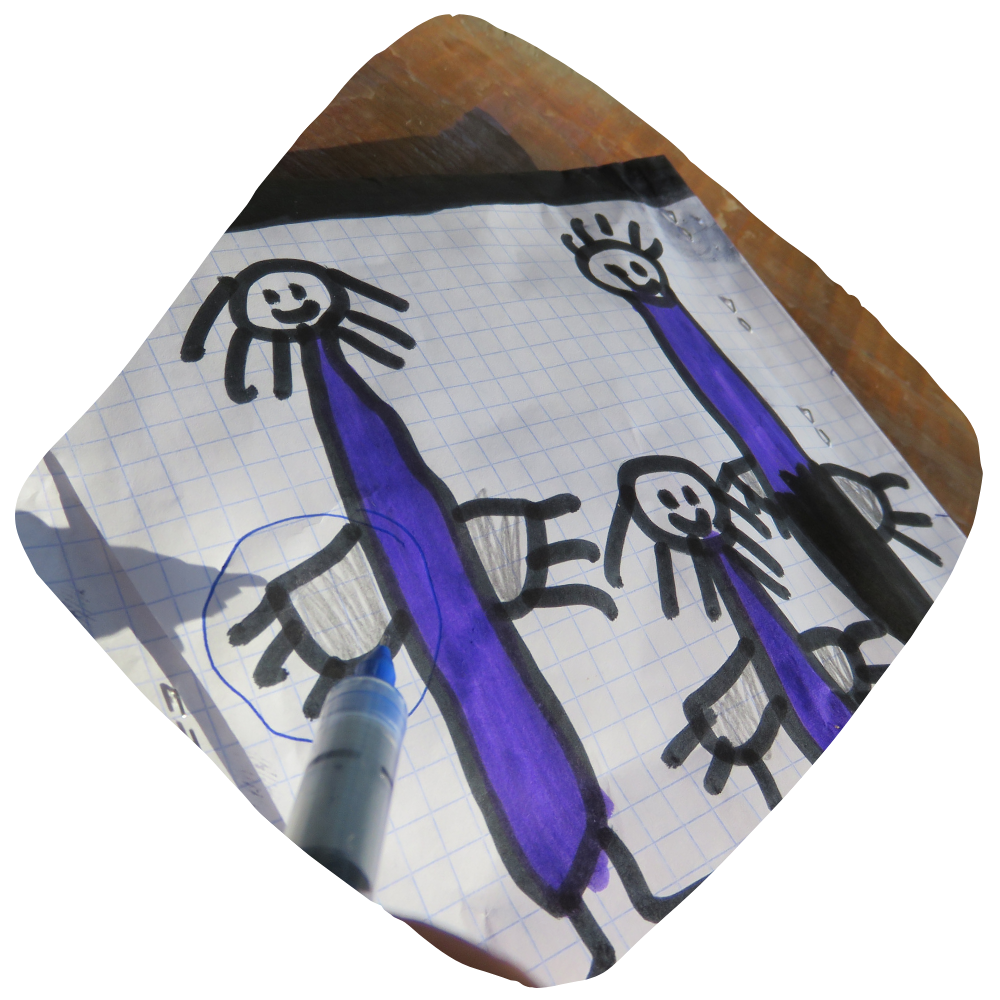 Drawing of three figures with purple bodies, smiling faces, and black hair and limbs, on graph paper, with one figure partially colored in with a blue marker.