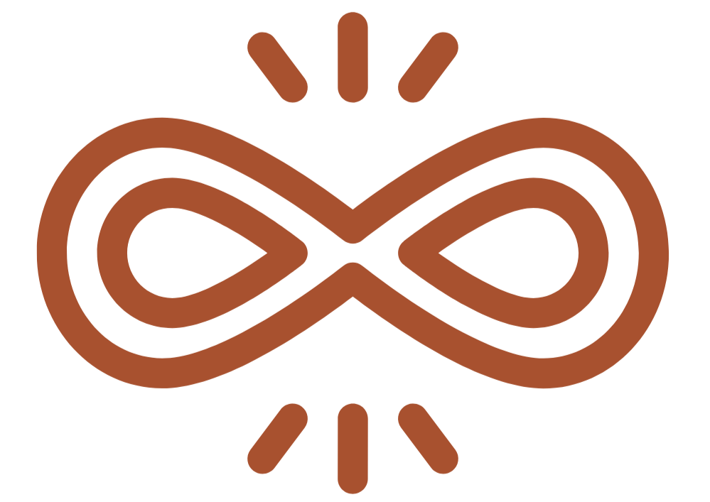 A brown logo with a stylized infinity symbol and radiating lines above and below.