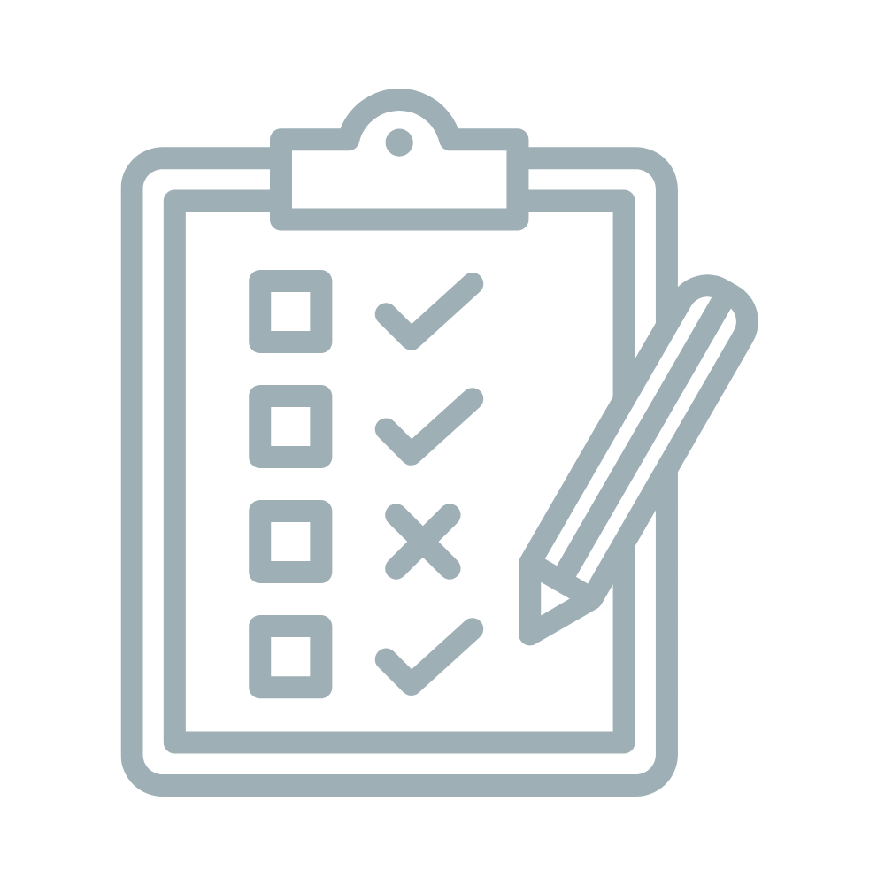 Icon of a checklist on a clipboard with checkmarks and a pen.