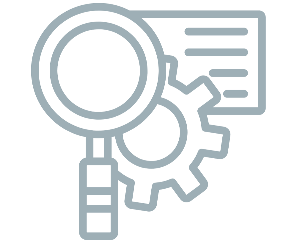 Outline icon of a magnifying glass, gear, and document.