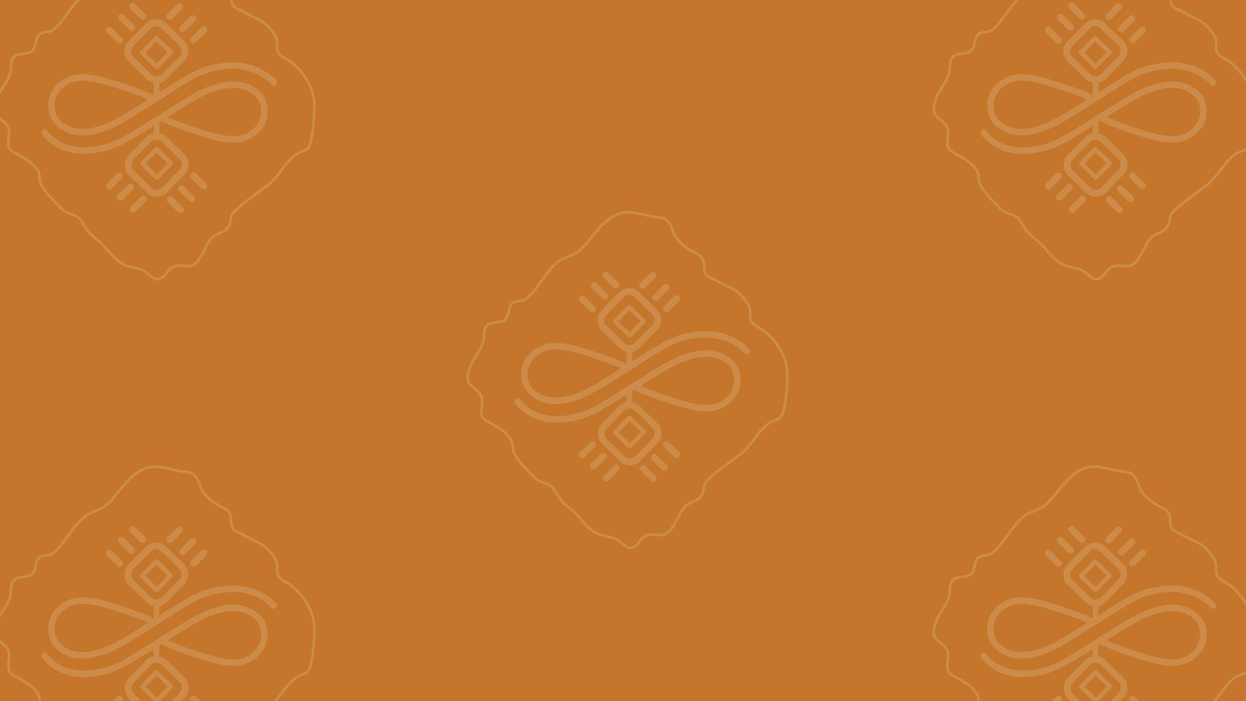 A seamless pattern with stylized designs of a diamond shape with radiating lines and a looped infinity symbol, all in a monochromatic orange color scheme.