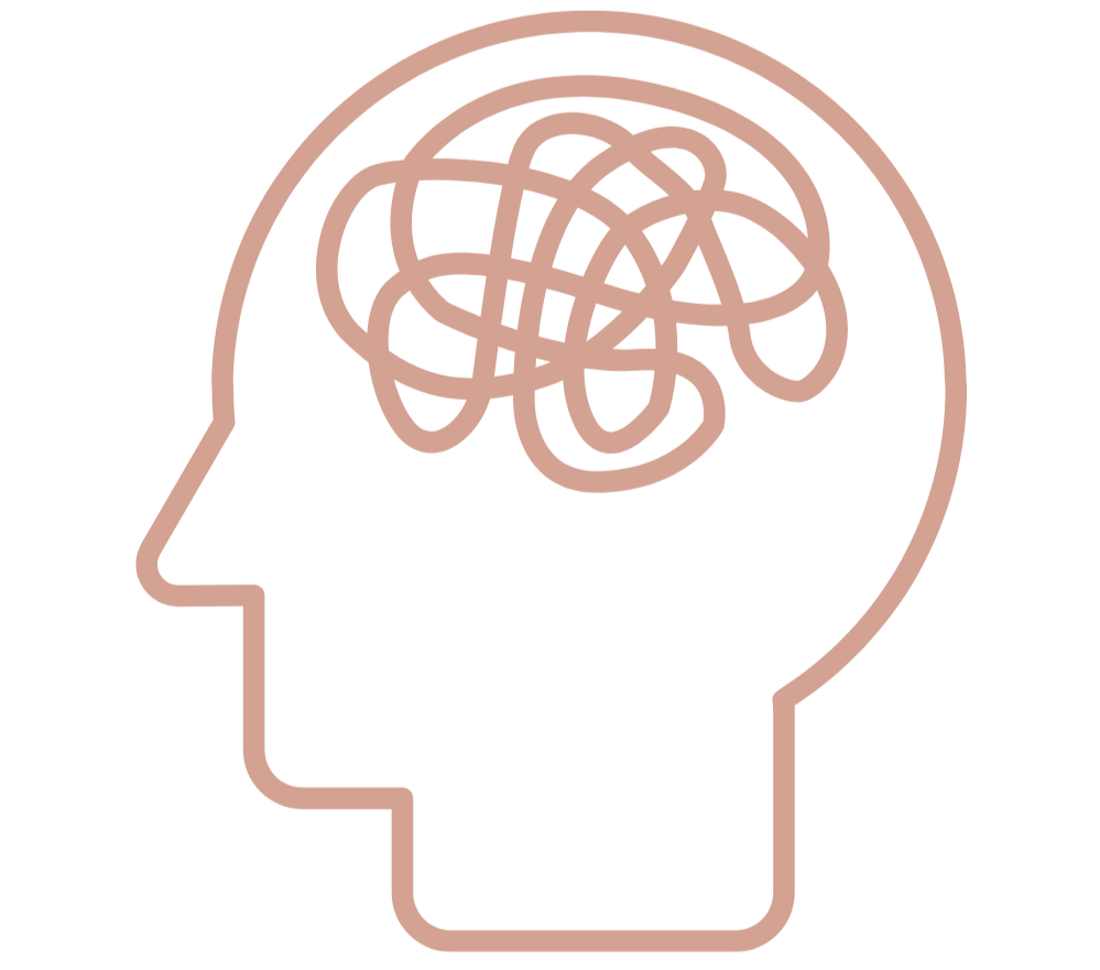 A stylized outline of a human head with a tangled line inside representing a confused or complex thought process.