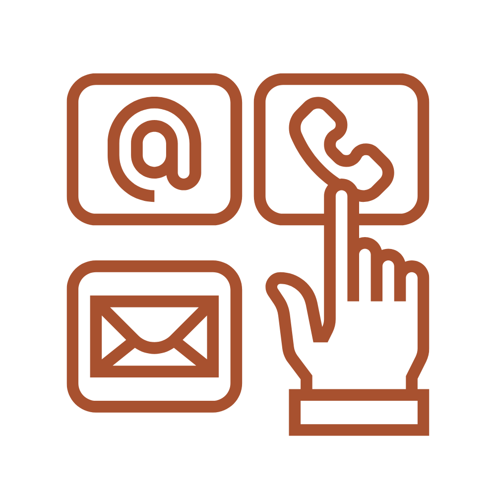 Icons of email, phone, and mail with a hand pointing at the phone icon, all in brown outline style.