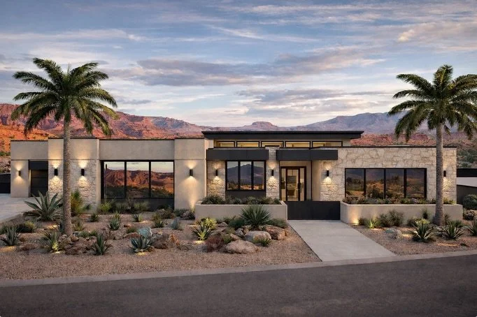 A home that speaks the language of the landscape.

Sand Hollow #65 is emerging from the desert, grounded in stone and stucco. We&rsquo;re playing with the tension of opposites: the heavy and the light, the shadow and the glow.

Every pane of glass an