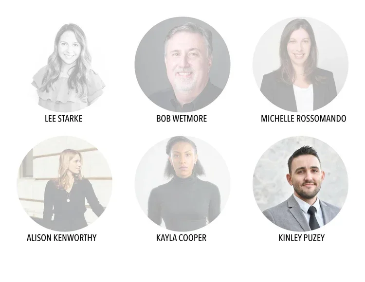 Six professional headshots of individuals arranged in two rows with names below each photo. Top row from left to right: Lee Starke, Bob Wetmore, Michelle Rossamndo. Bottom row from left to right: Alison Kenworthy, Kayla Cooper, Kinley Puzey.