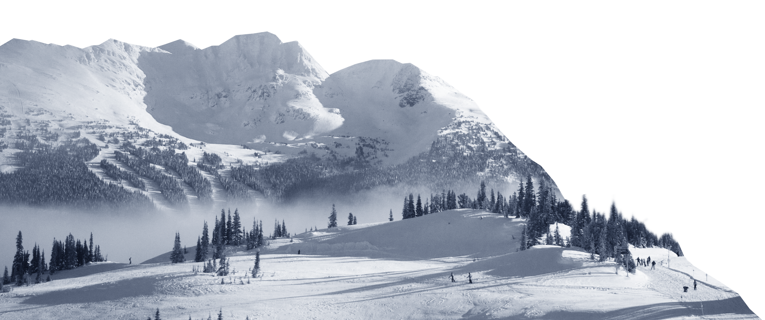 Snow-covered mountain landscape with skiers and pine trees in the foreground