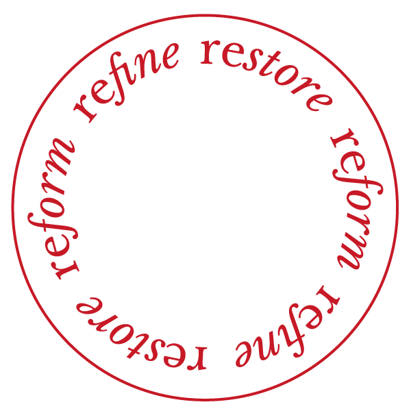 Circular design with red text reading 'redefine restore refashion' repeated around the circle outline on a black background.