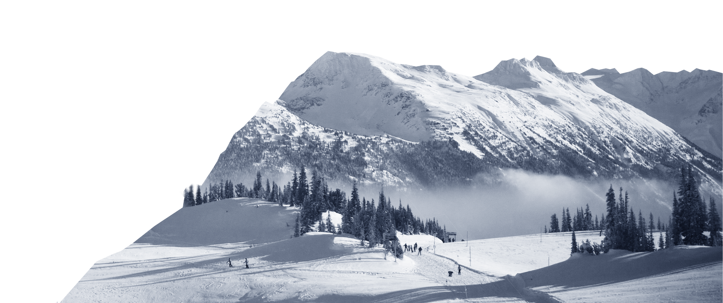 Snow-covered mountain landscape of Whistler BC with skiers and tall pine trees.