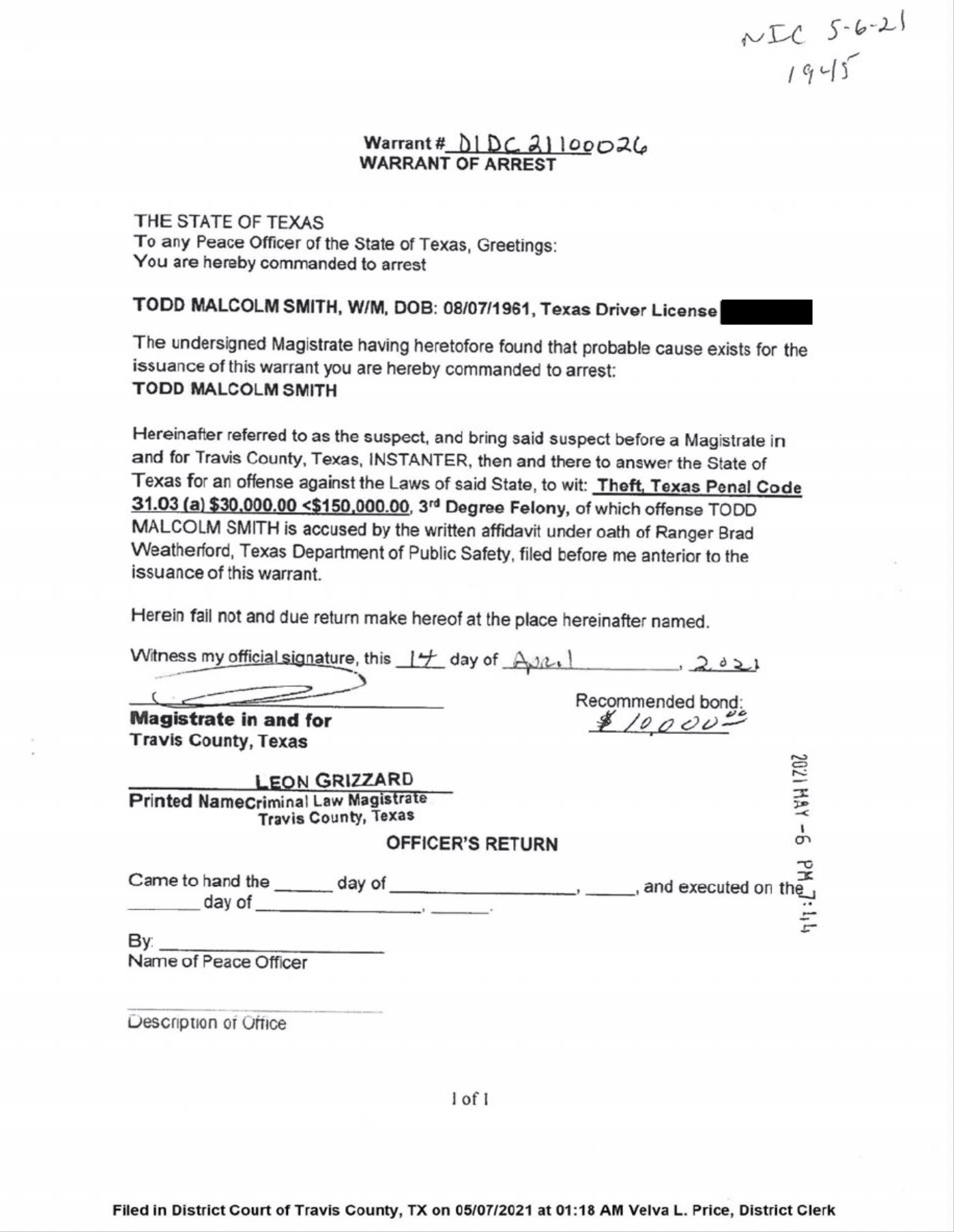 Arrest warrant issued in Travis County, Texas, for Todd Malcolm Smith, commanding his arrest for theft of Texas Penal Code 31.03, a third degree felony with a bond of $10,000, signed by Magistrate Leon Grizzard on April 17, 2021.