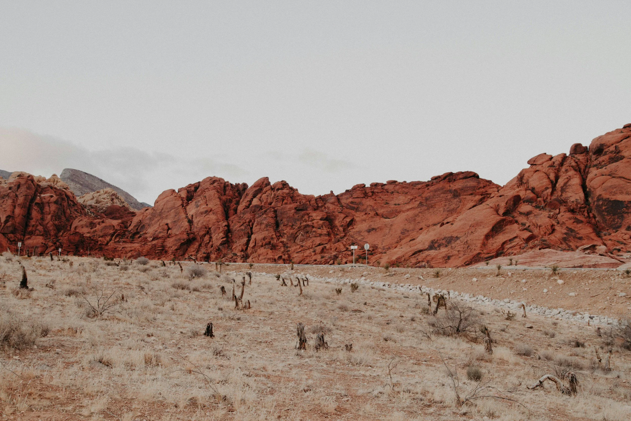Desert landscape with red rock formations, sparse vegetation, and cloudy sky.