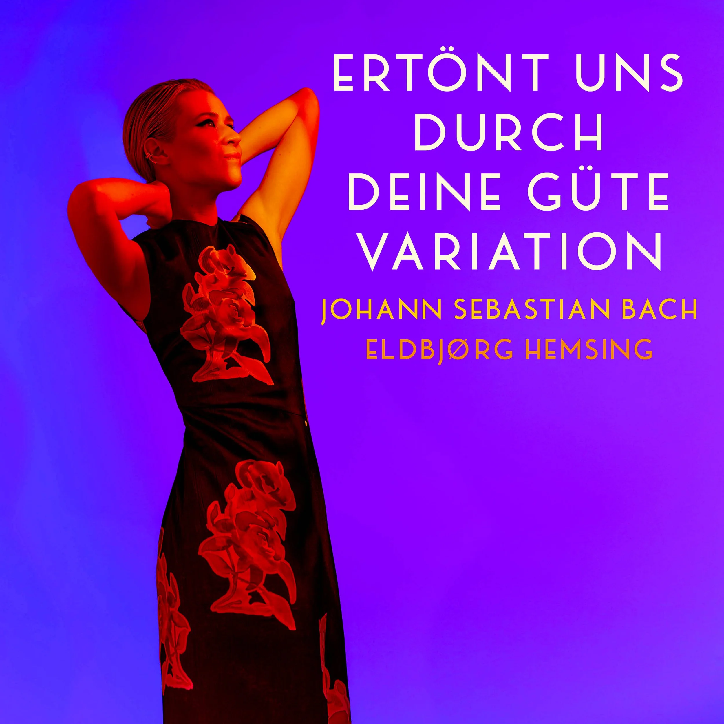 A woman with short hair, wearing a black dress with red floral designs, standing against a purple and blue gradient background with text in German and names of composers.