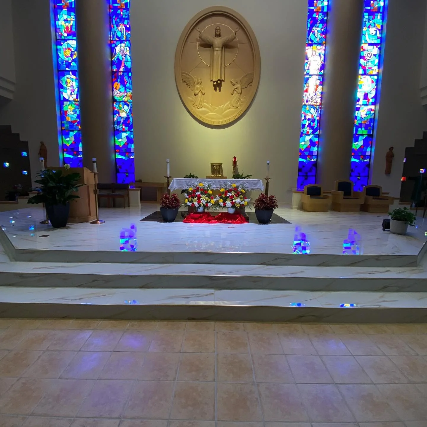 Last night we confirmed 183 people, adults and youth, between 4 parishes. In addition, it was our first major Mass in our newly renovated Sanctuary. Here are some sneak peeks of the space all decorated in preparation for the Confirmation.

#confirmat