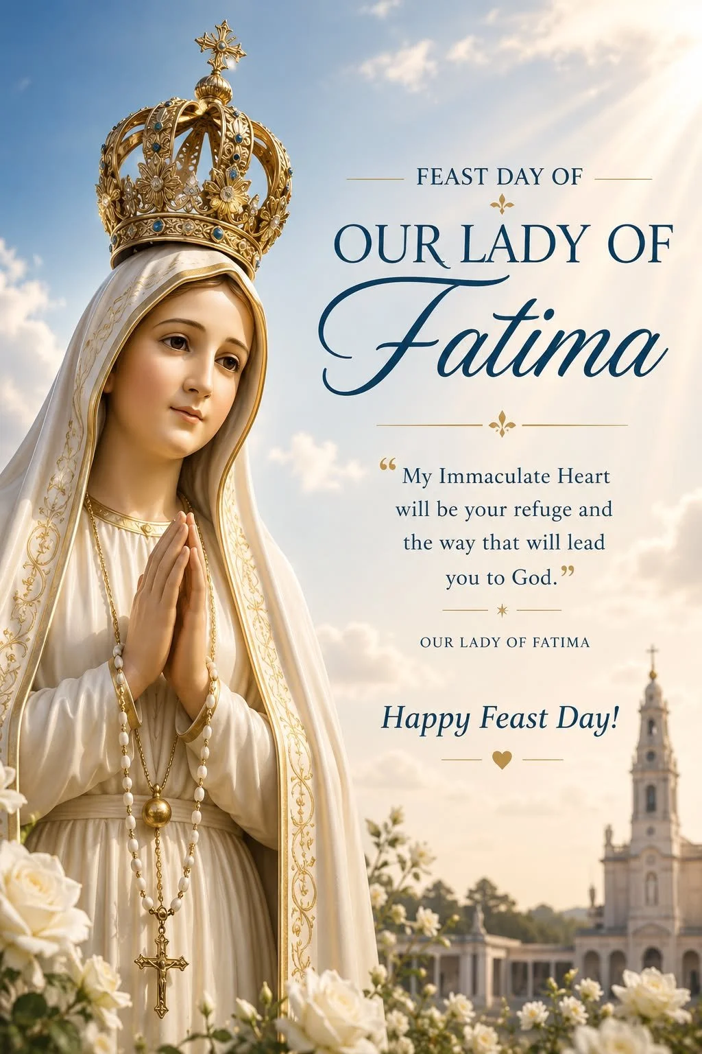 Today we celebrate the Feast of Our Lady of Fatima, commemorating the first apparition of the Blessed Virgin Mary to three shepherd children in Fatima, Portugal , on this very date in 1917.

Our Lady came with a message of prayer, penance, and peace.