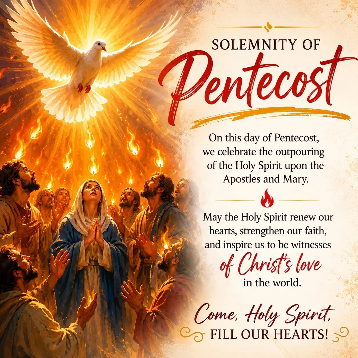 Come, Holy Spirit, and fill the hearts of the faithful. Enkindle in them the first of your love.
Ven, Esp&iacute;ritu Santo, y llena los corazones de los fieles. Enciende en ellos la primera muestra de tu amor.
 #Pentecost