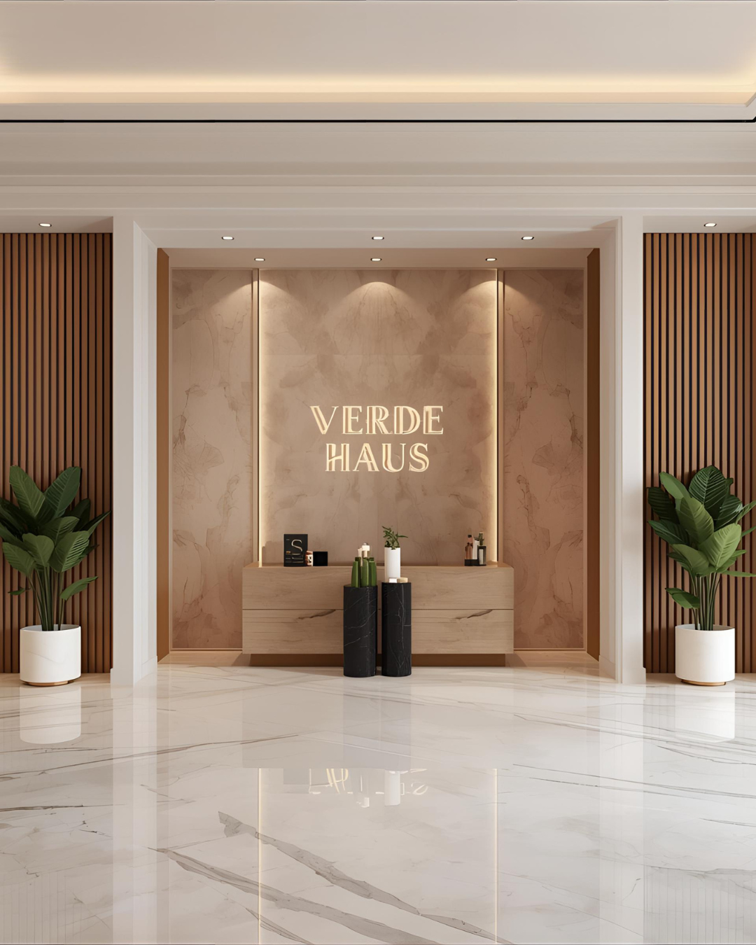 Luxury hotel lobby with a reception desk, potted plants on each side, and a sign that reads 'Verde Haus' on the wall behind the desk.
