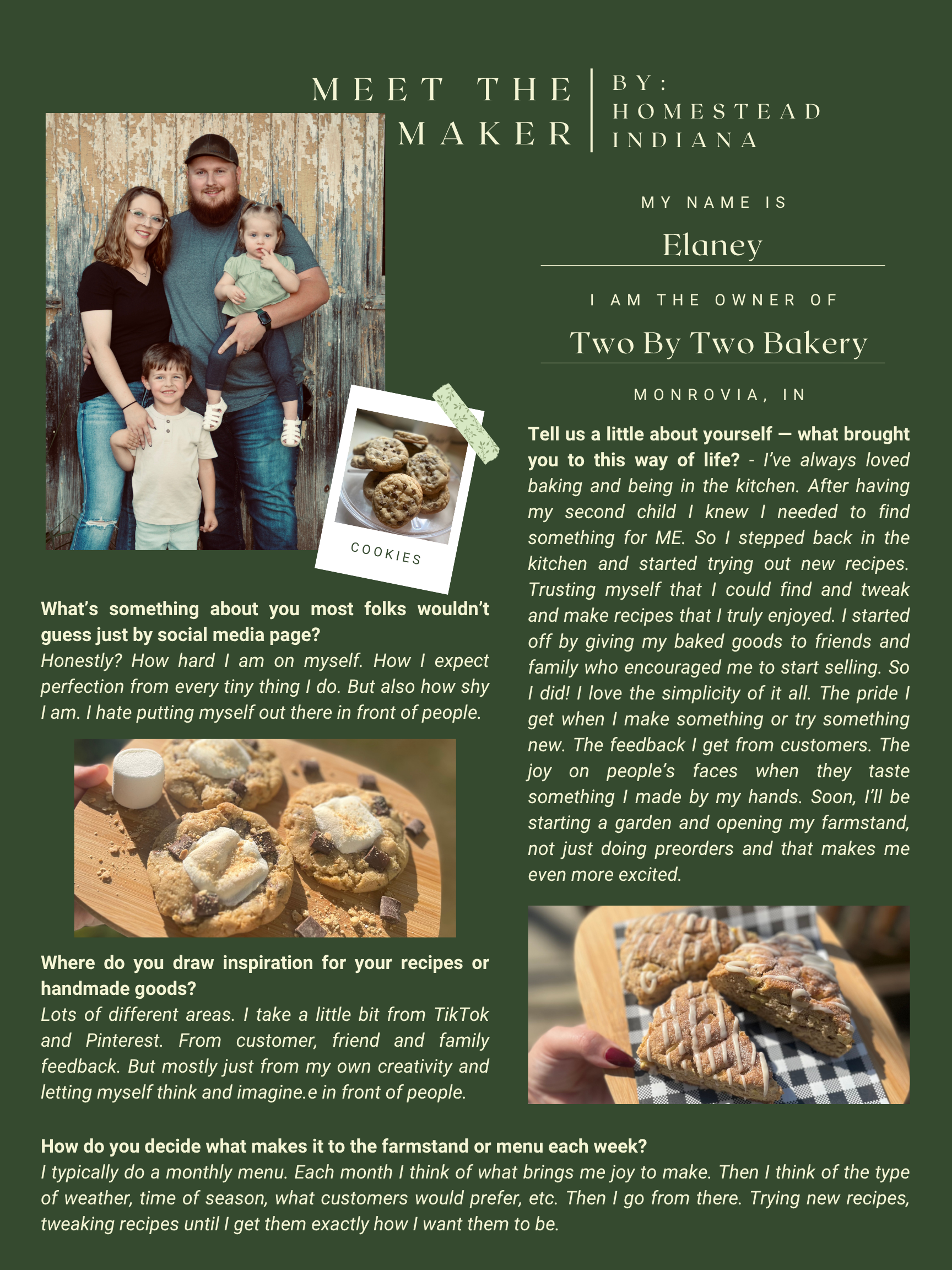 Farmer's market-style informational poster featuring a family portrait and bakery items. The poster promotes homemade baked goods, with images of cookies and cookies with icing, along with a woman holding a tray of baked snacks. The poster includes an interview-style Q&A with the bakery owner, Elaney, discussing inspiration, recipe sources, and menu decisions.