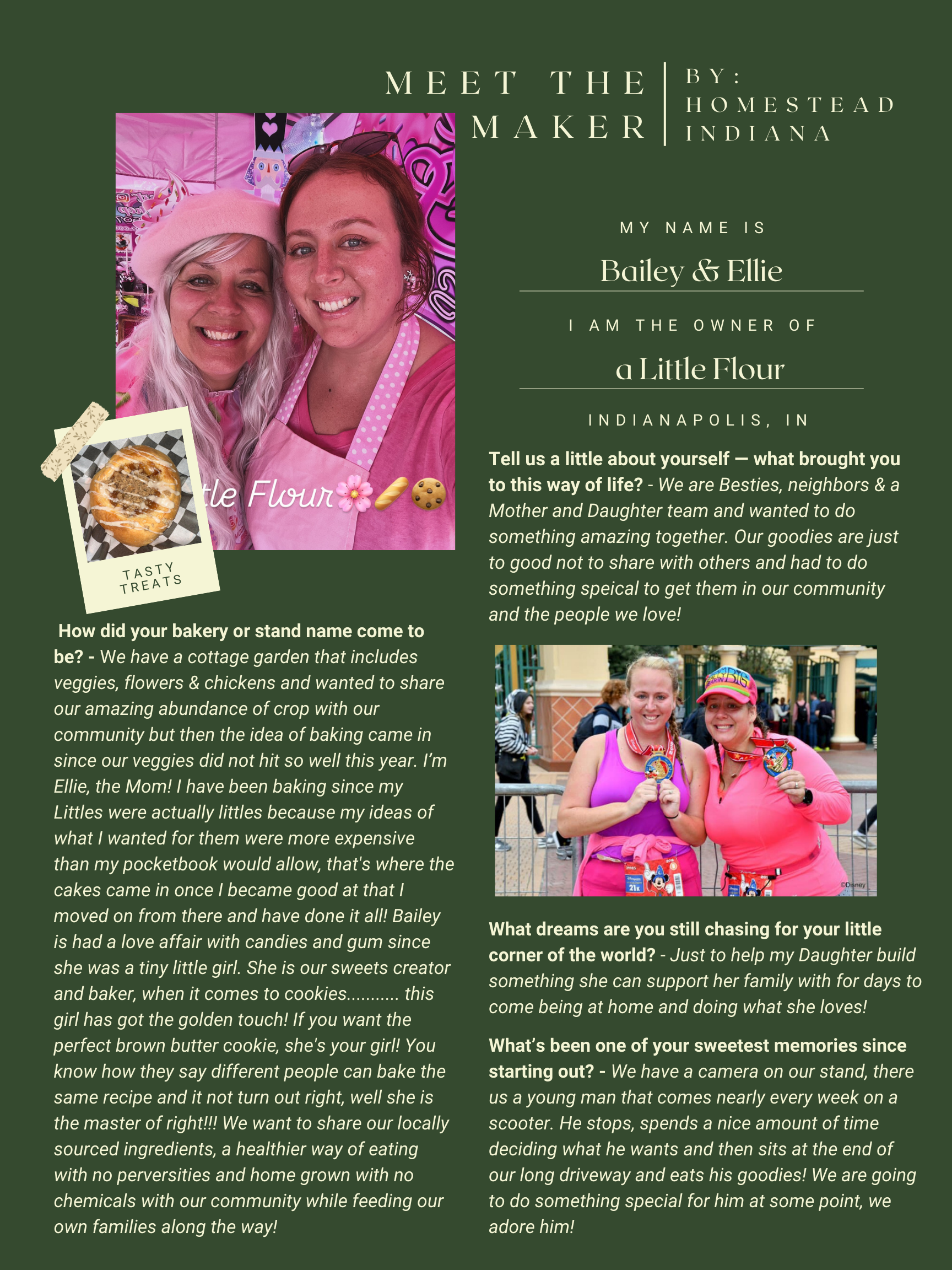 A promotional page for Bailey & Ellie from Homestead Indiana, featuring their homemade bakery Little Flour. The page includes photos of the women, a picture of a pie labeled 'Tasty Treats,' and quotes about their baking journey, family, and community involvement.