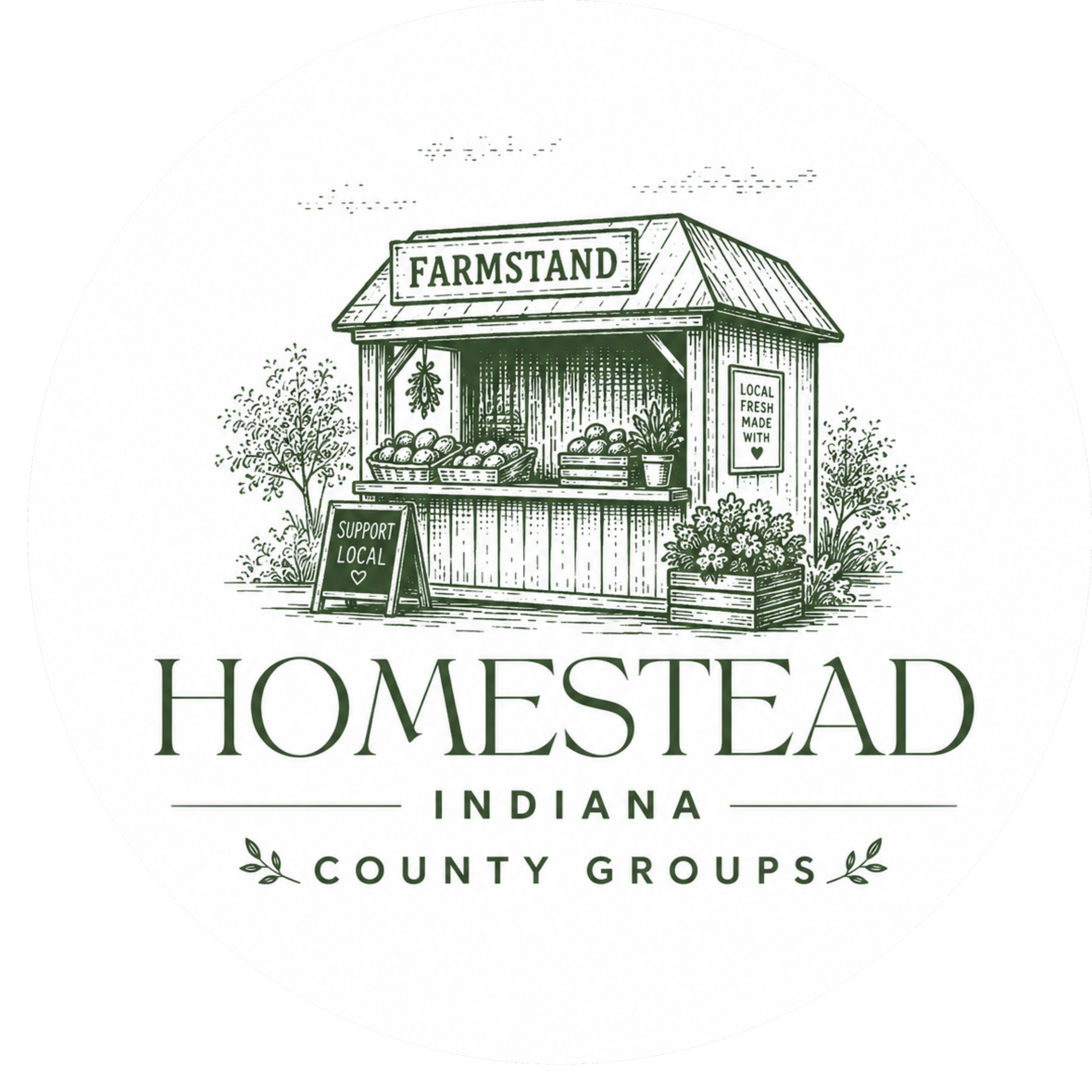 Illustration of a small rustic wooden stand with a sign that says 'FARMSTAND', surrounded by plants and vegetables, with a support sign reading 'Support Local' and a sign indicating it is in Indiana, for county groups.