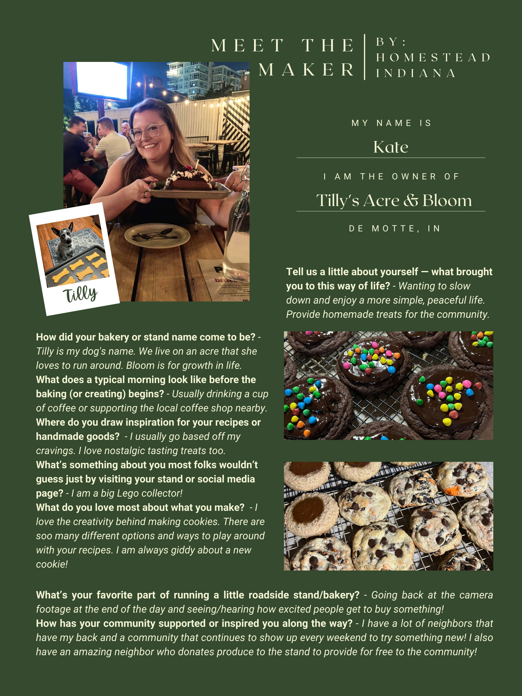 A woman named Kate at a bakery and stand named Tilly's Acre & Bloom in Homestead, Indiana, smiling and holding a plate of cake. The image also shows photos of a dog named Tilly, cookies decorated with sprinkles, and cookies with chocolate chips, with an outdoor setting with people and string lights in the background.
