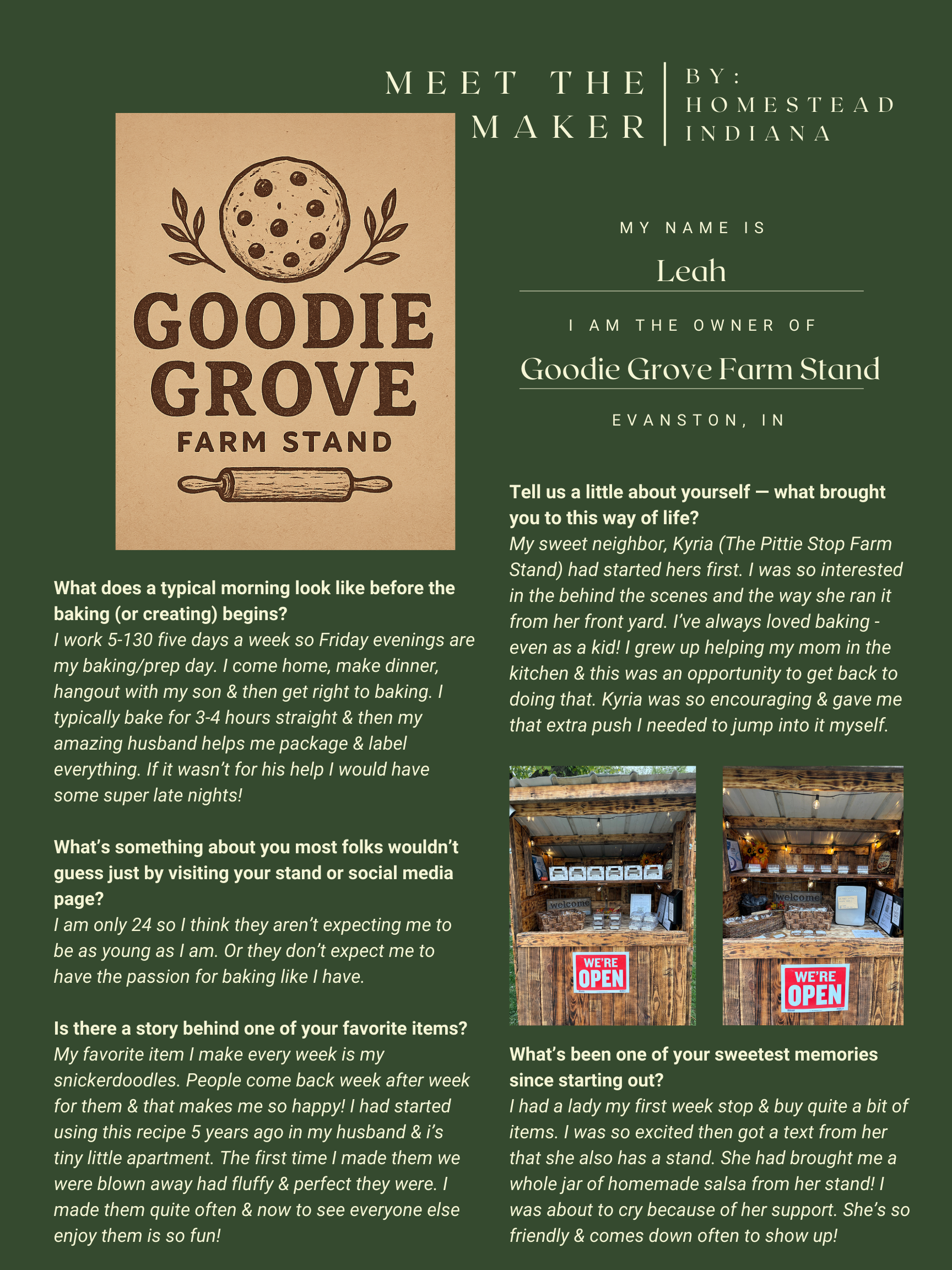A marketing flyer titled 'Meet the Maker' featuring Leah, owner of Goodie Grove Farm Stand in Evanston, Indiana. The flyer includes her photo, a description of her baking routine and motivations, and images of her farm stand with an 'We're Open' sign.