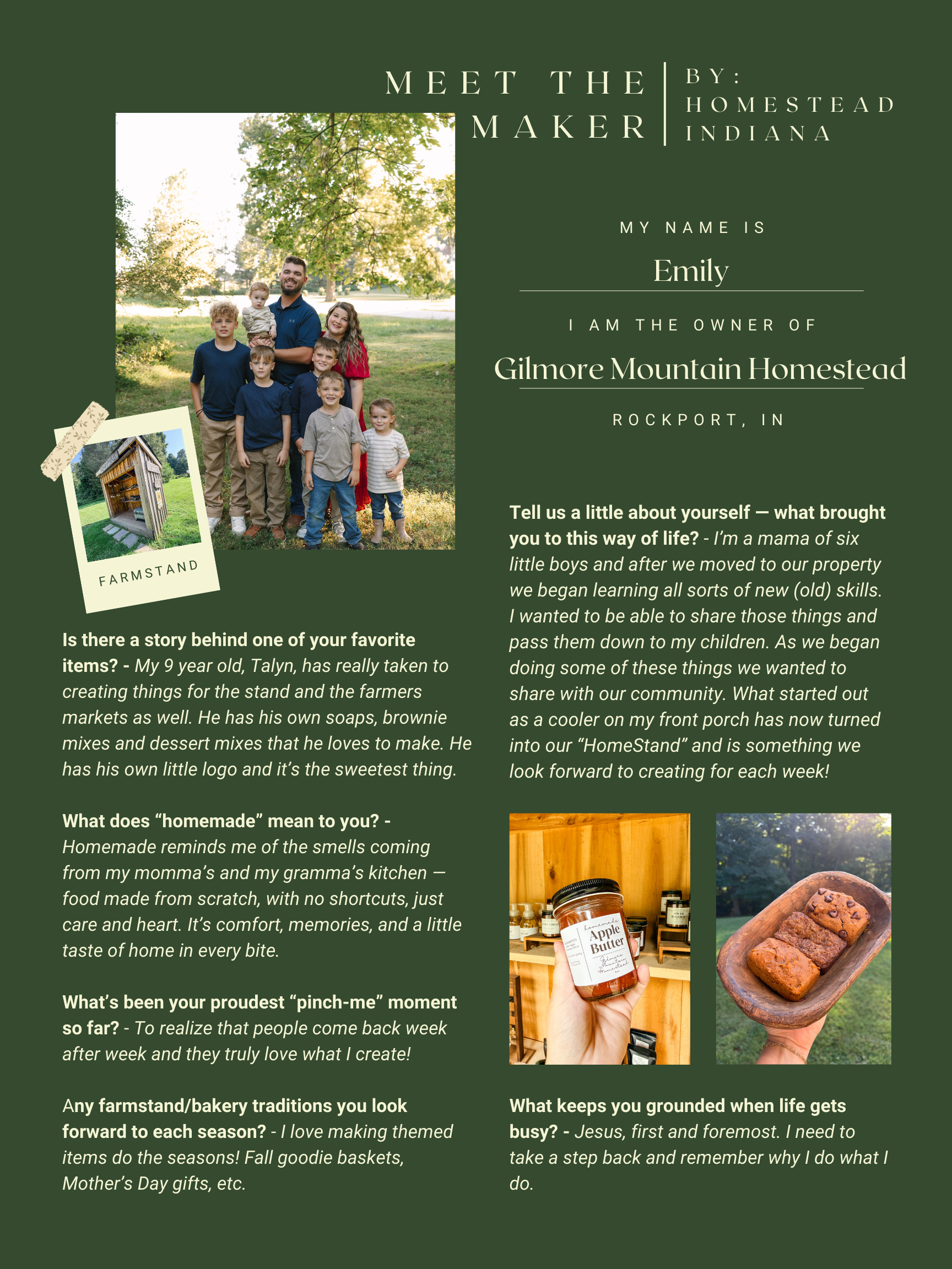 A community feature profile highlighting Emily, owner of Gilmore Mountain Homestead in Rockport, Indiana, with a family photo of six people outdoors, farmstand photo of jars of food and baked cookies.