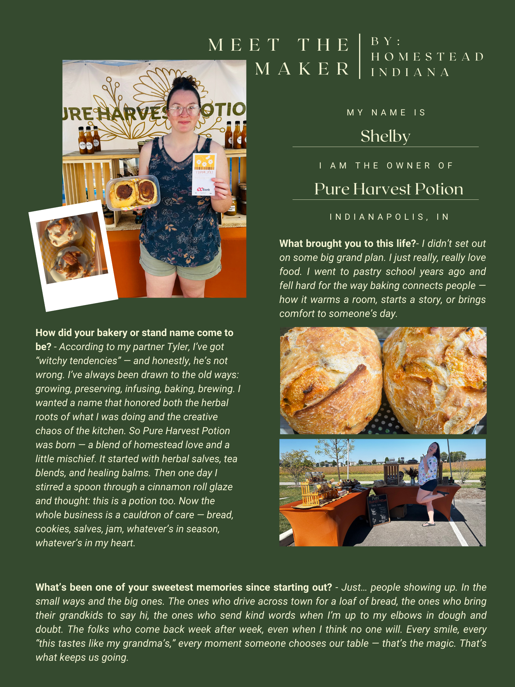 A woman holding a framed certificate and a tray of baked goods at a booth for Pure Harvest Potion, with images of scones and a woman at the booth, promoting her bakery and story.