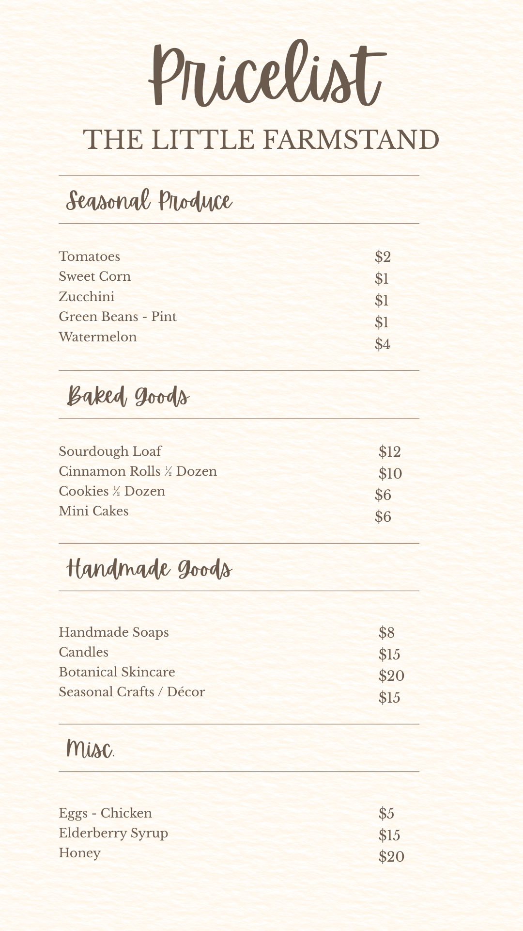 Farmstand Editable Price List Menu — Homestead Indiana