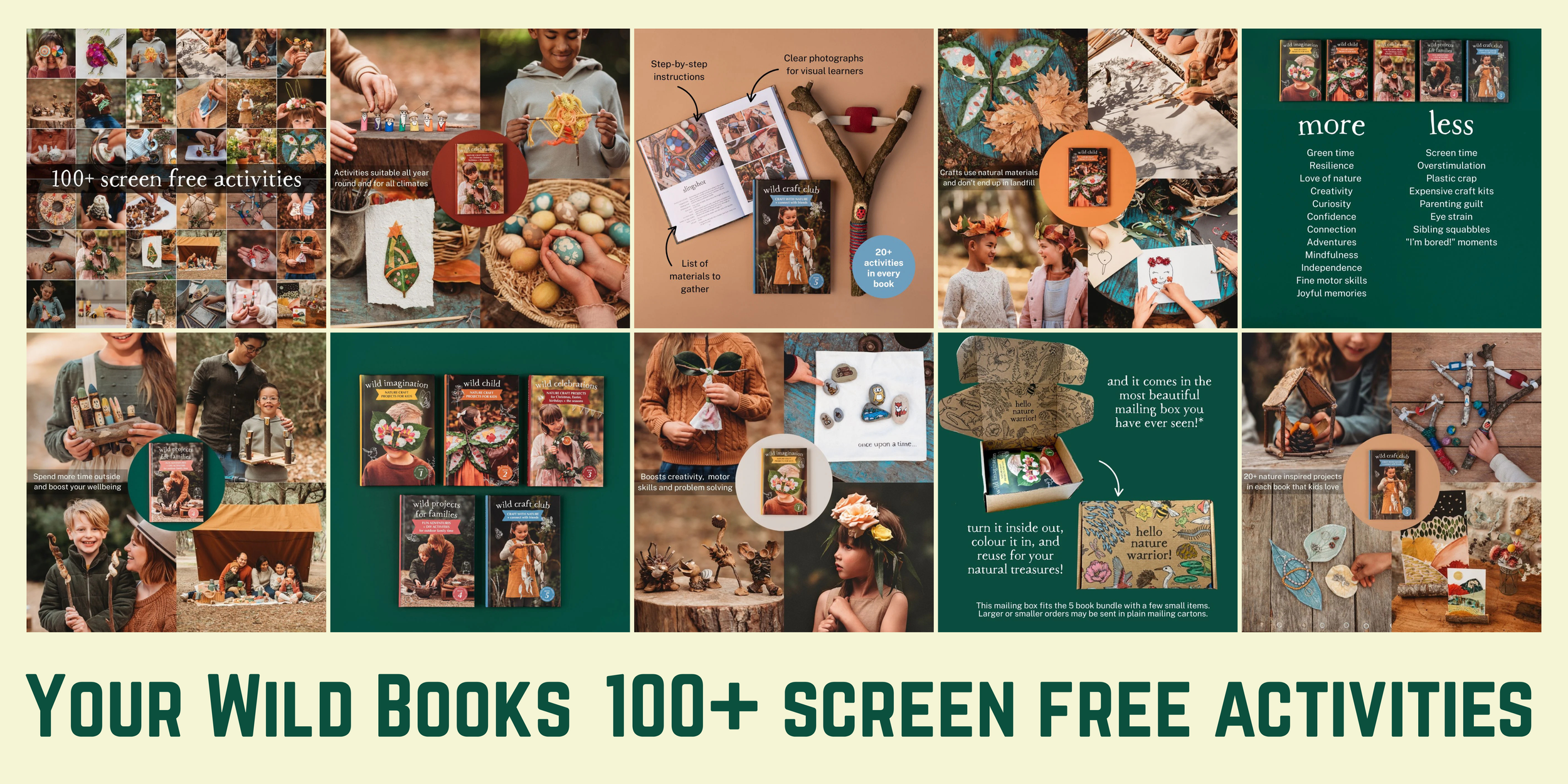 Collage of children and adults engaging in outdoor craft activities, displaying books, handmade projects, and nature-inspired art with text highlighting "100+ screen free activities" and descriptions of craft materials and methods.