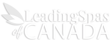 Logo blanc avec texte 'Leading Spas of Canada' et un symbole de feuille de lotus