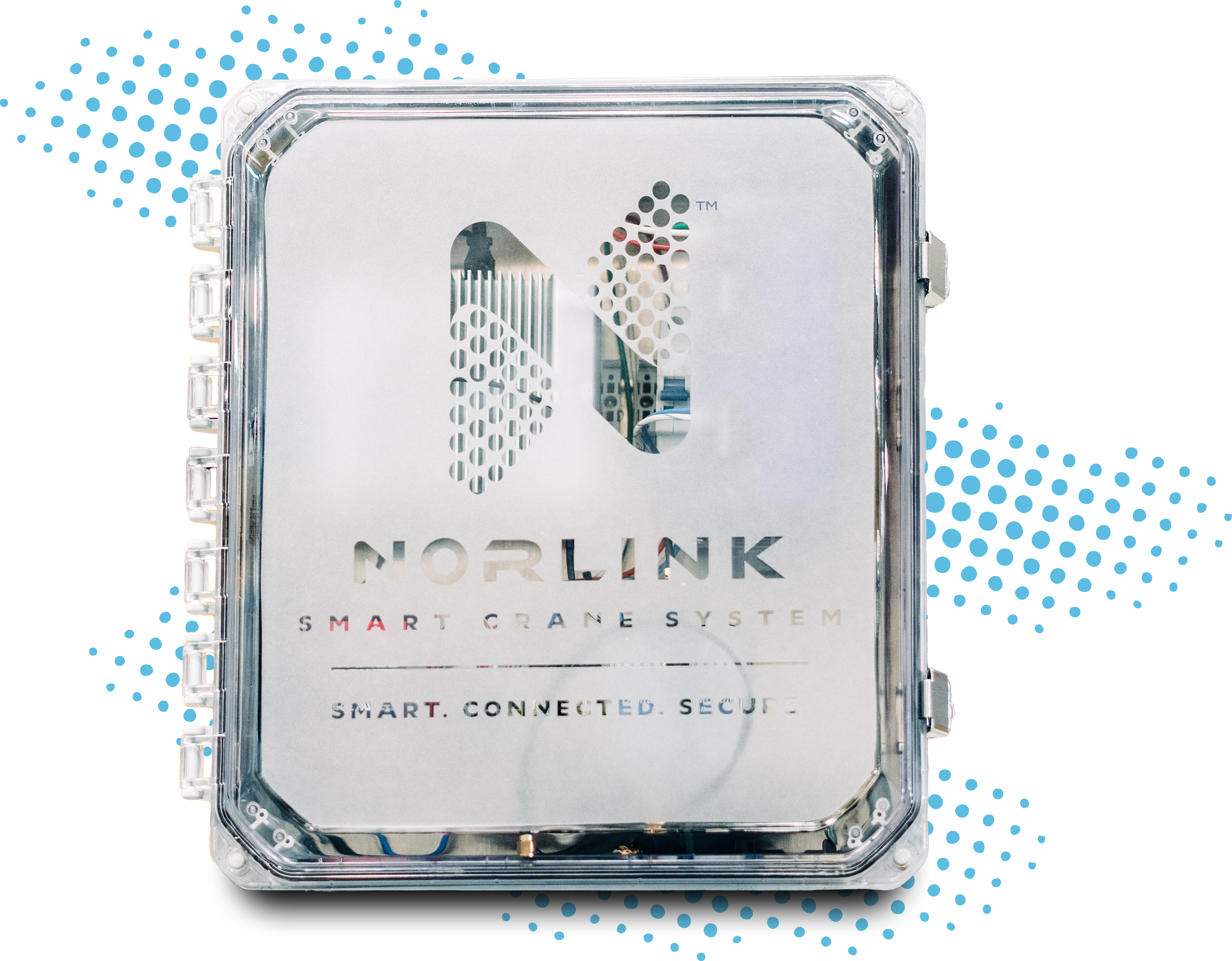 A Norlink smart crane system device with a metallic front panel and a logo, surrounded by digital graphic designs with blue, green, and yellow dots and lines.