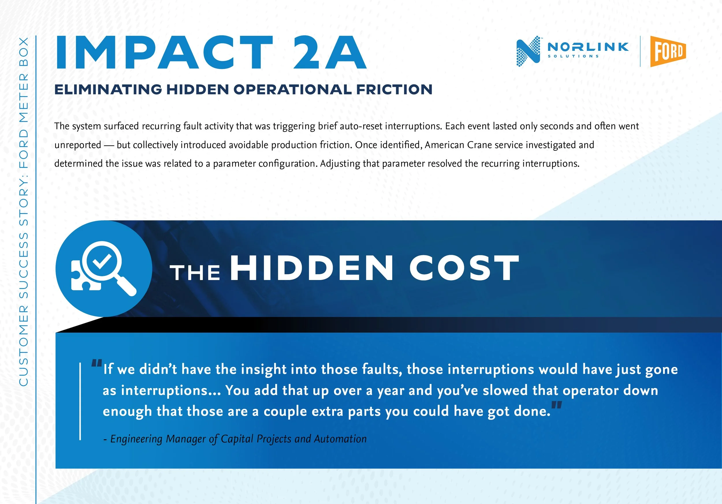 Close-up of a presentation slide titled 'Impact 2A: Eliminating Hidden Operational Friction' with logos of Norlink Solutions and Ford. The slide contains a quote about fault activity and production friction, attributed to an engineering manager.