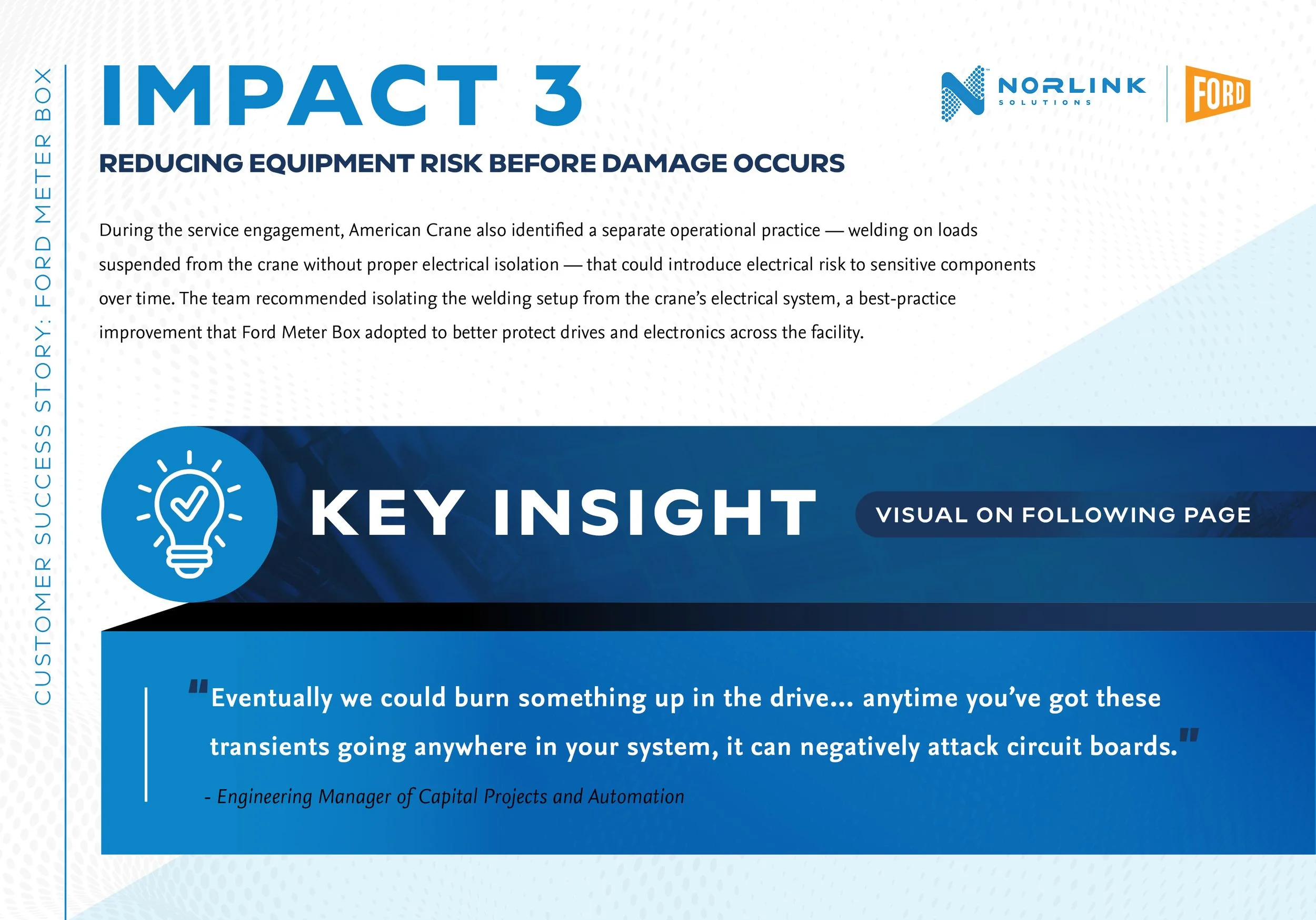 A digital presentation slide with the title 'Impact 3' and subtitle 'Reducing Equipment Risk Before Damage Occurs.' The slide includes logos of Norlink Solutions and Ford, along with a section labeled 'Key Insight' featuring a lightbulb icon. The sli