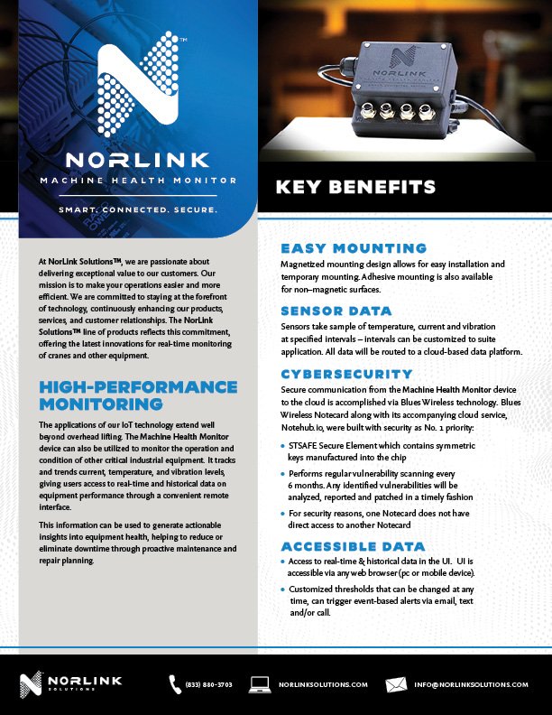 Norlink Machine Health Monitor product label with key benefits such as easy mounting, sensor data, cybersecurity, and accessible data, featuring a device with antennas and connectors.