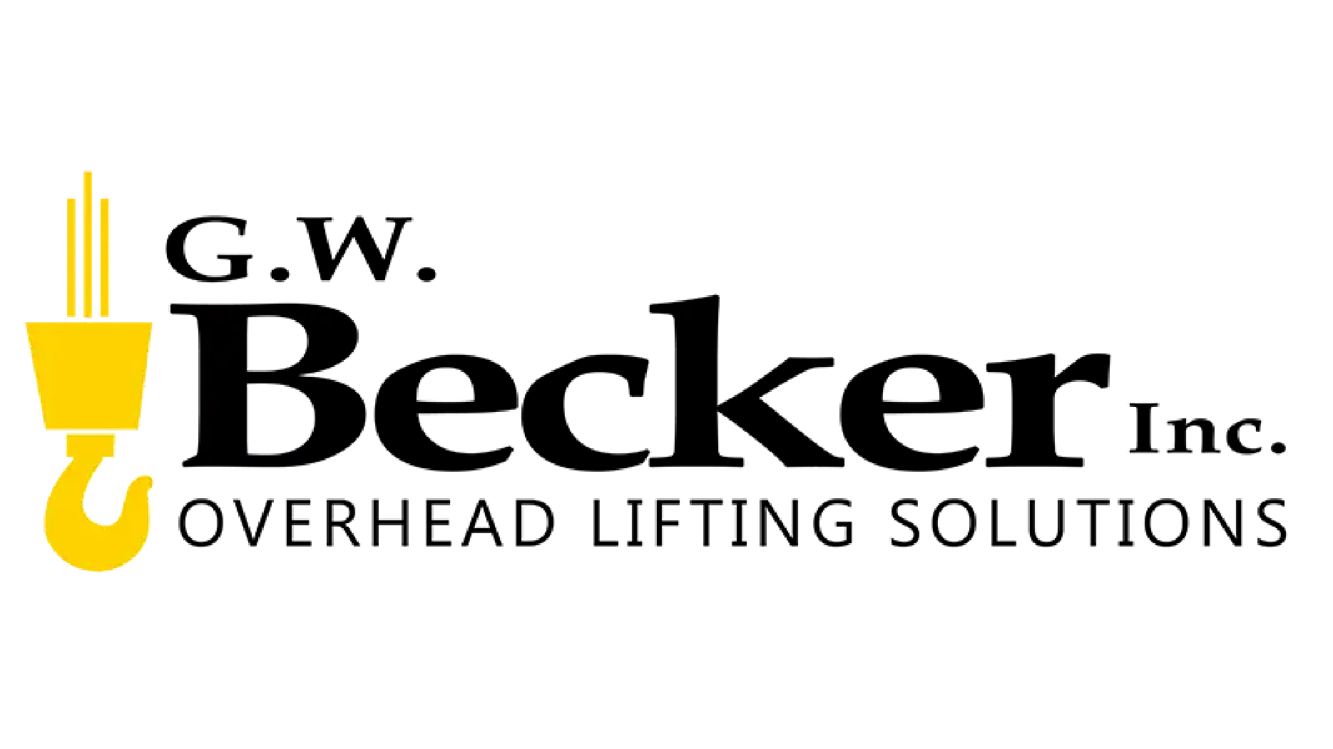 Logo for G.W. Becker Inc., Overhead Lifting Solutions, with a yellow crane hook icon and black text.