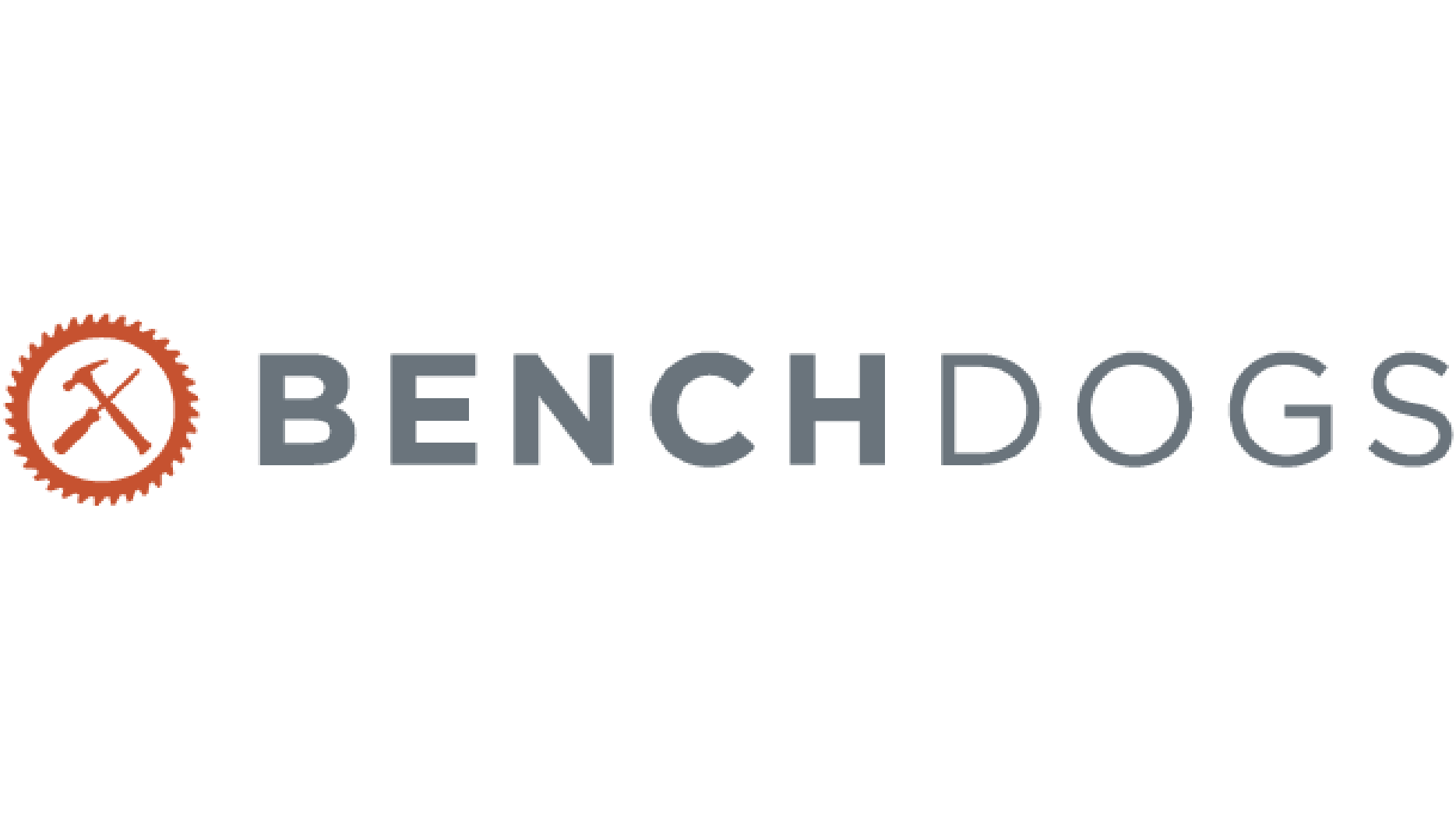 Logo for Benchdogs with a circular saw blade icon containing crossed hammer and wrench, followed by the text BENCHDOGS in gray capital letters.