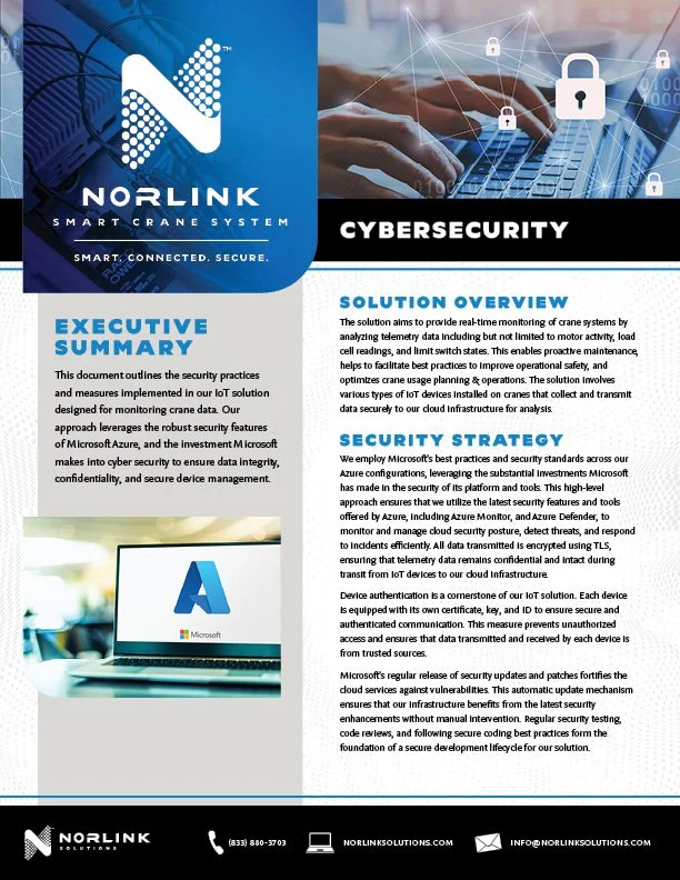 Norlink Smart Crane System and Cybersecurity brochure with sections on executive summary, solution overview, and security strategy, including images of a crane and a person typing on a keyboard with lock icons.