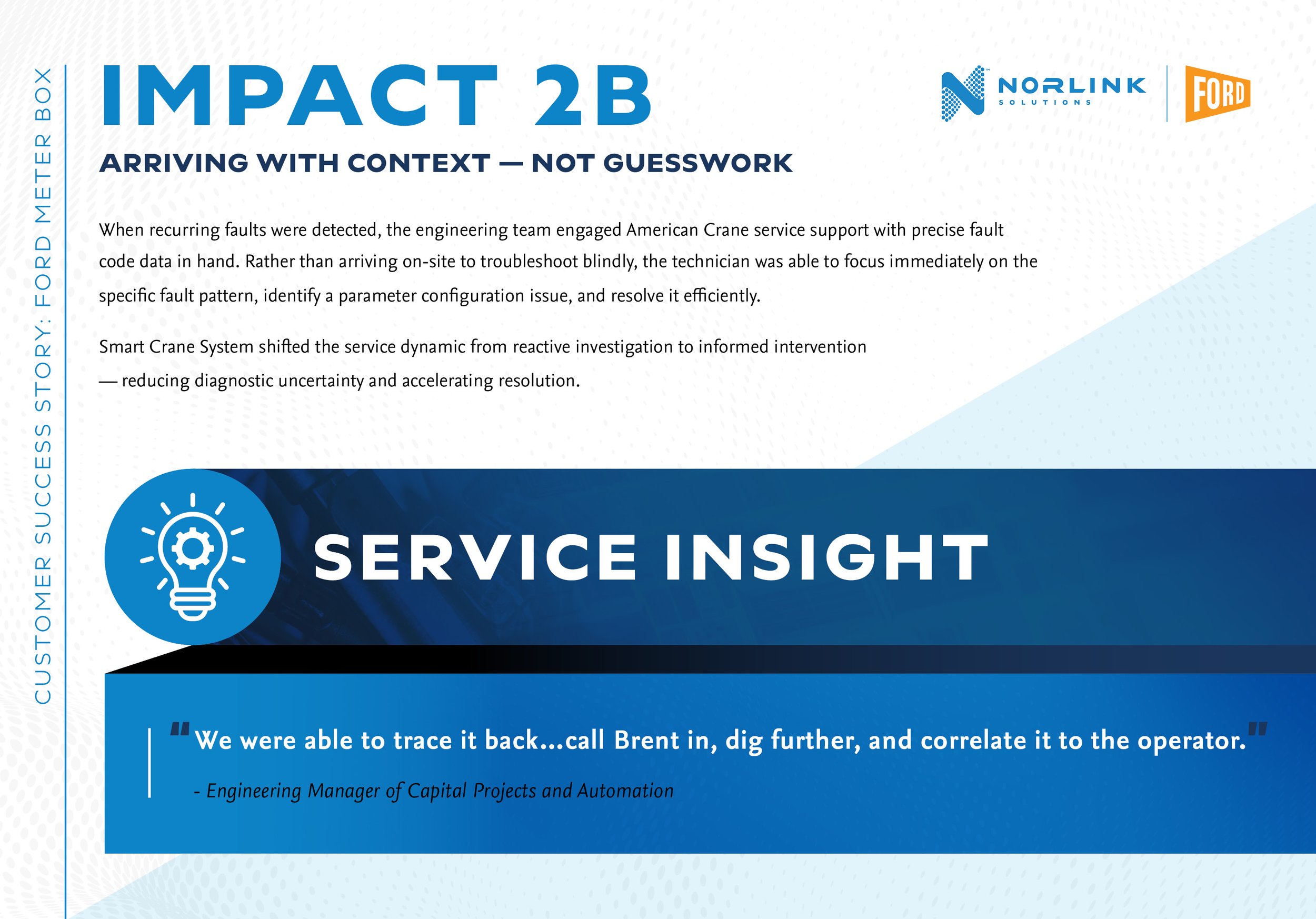 A presentation slide related to service insight, displaying the title 'IMPACT 2B' with the subtitle 'Arriving with Context — Not Guesswork.' The slide includes logos for Norlink Solutions and Ford. The slide contains text discussing detecting faults 
