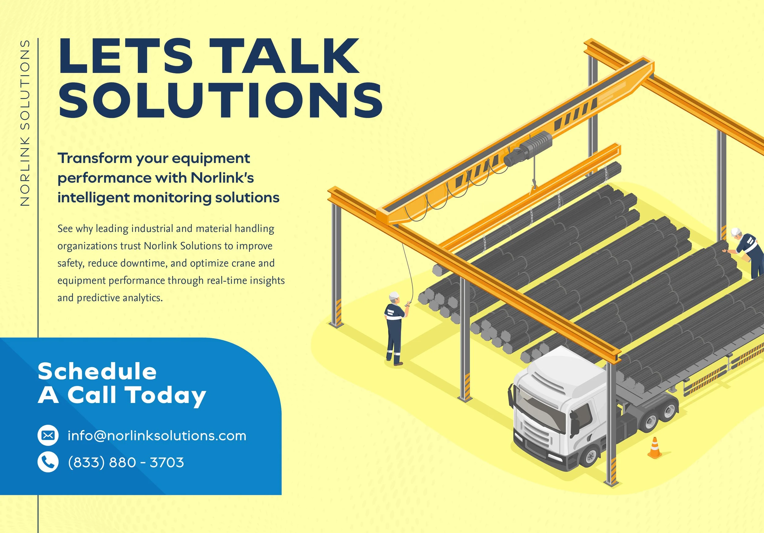 Illustration of a construction site with a crane, pipes, workers, and a truck. Accompanying text promotes Norlink Solutions for industrial equipment monitoring.