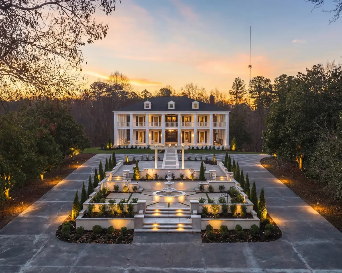 A large white mansion with columns and a balcony, illuminated at sunset, with a symmetrical landscaped garden and fountain in the front yard.