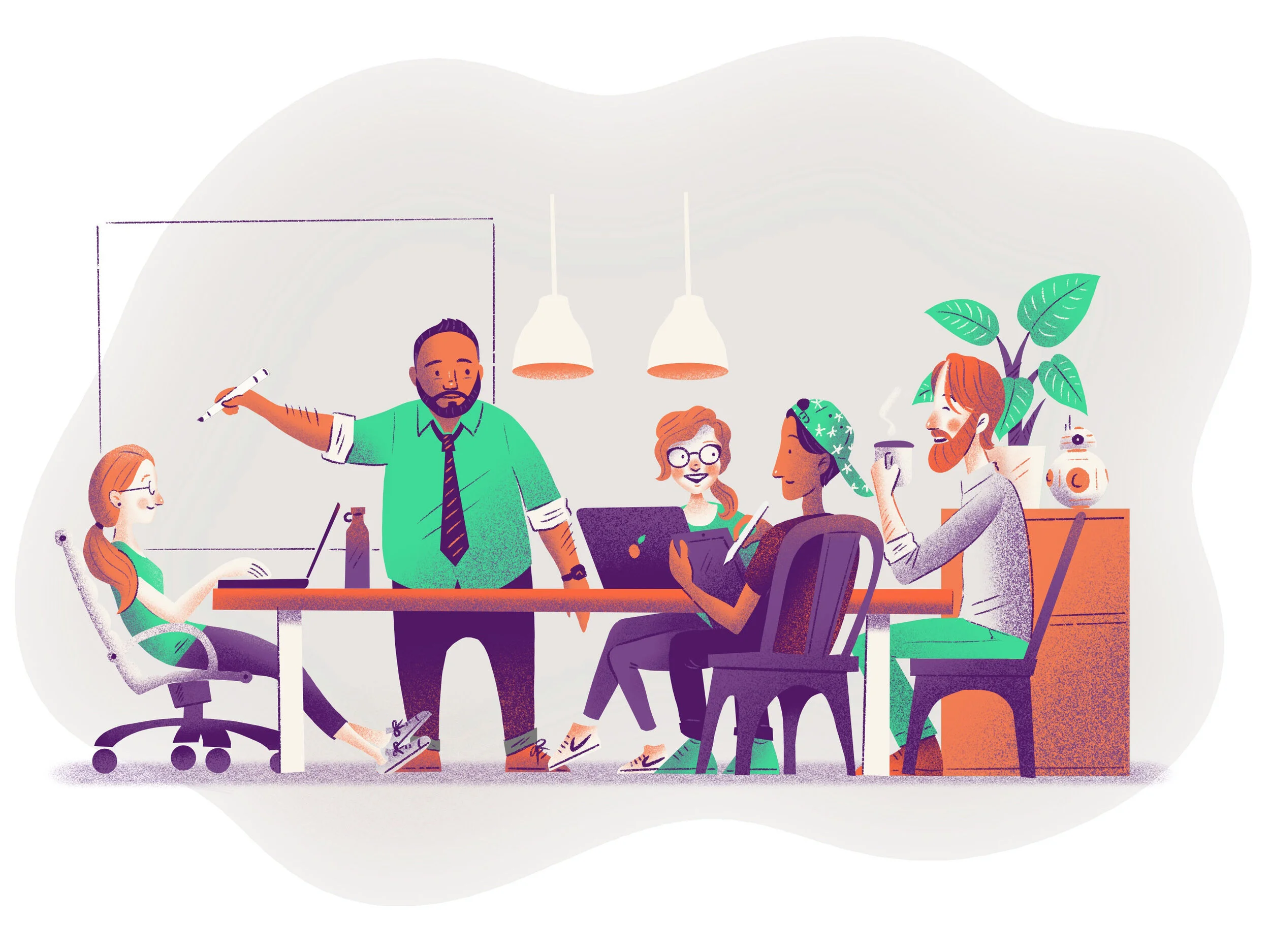 Illustration of a diverse group of people in a meeting or collaborative work session in an office with plants and modern lighting.