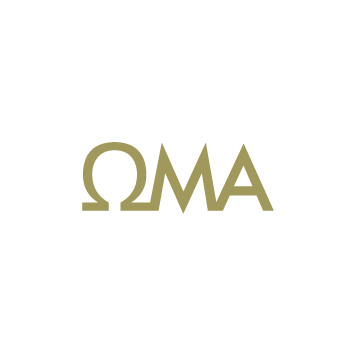 The words 'OMEGA' with the Greek letter Omega replacing the 'O' in black and olive green on a black background.