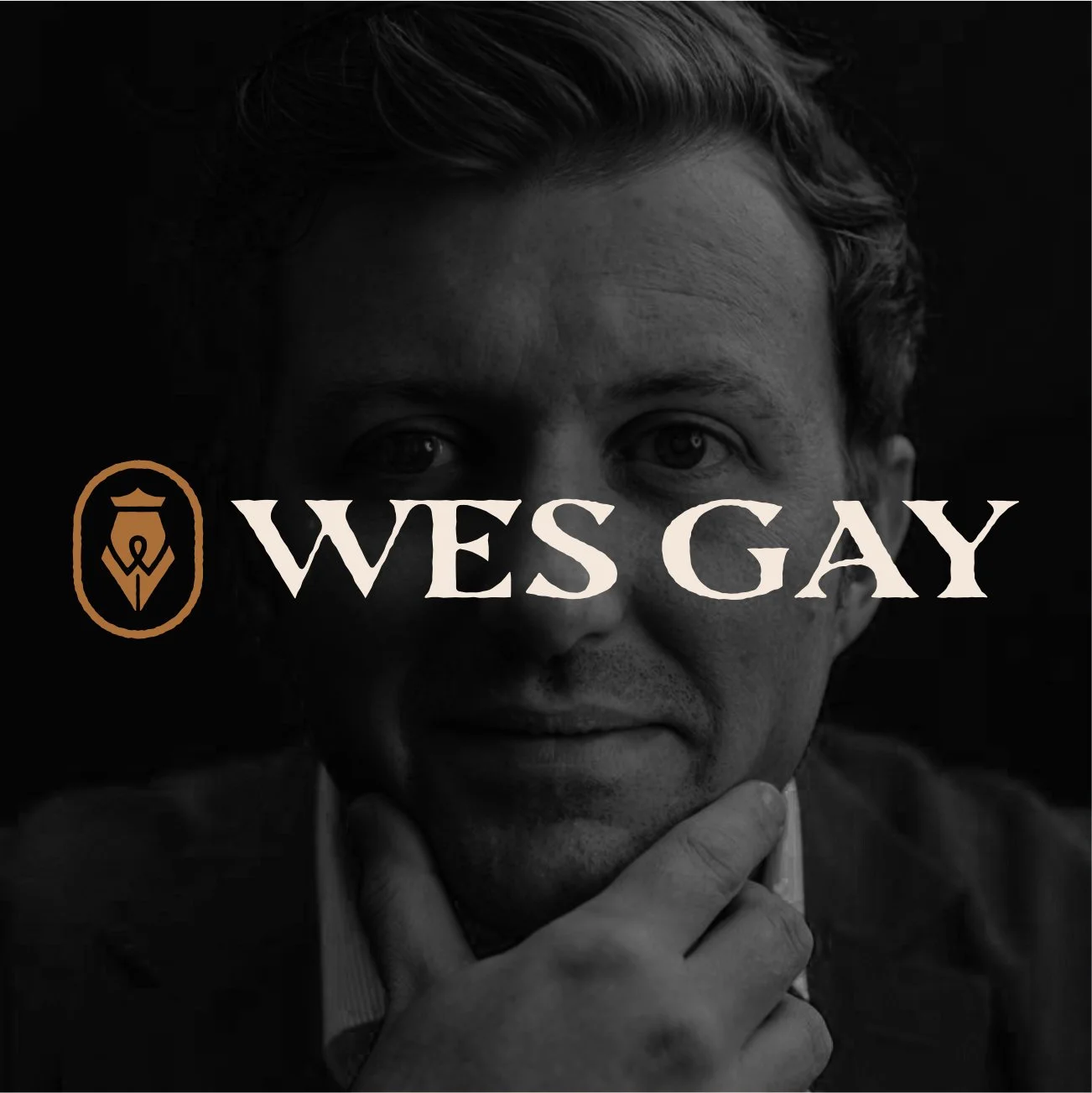 Black and white portrait of a man with a contemplative expression, partially obscured by the words "WES GAY" and a logo on a dark background.