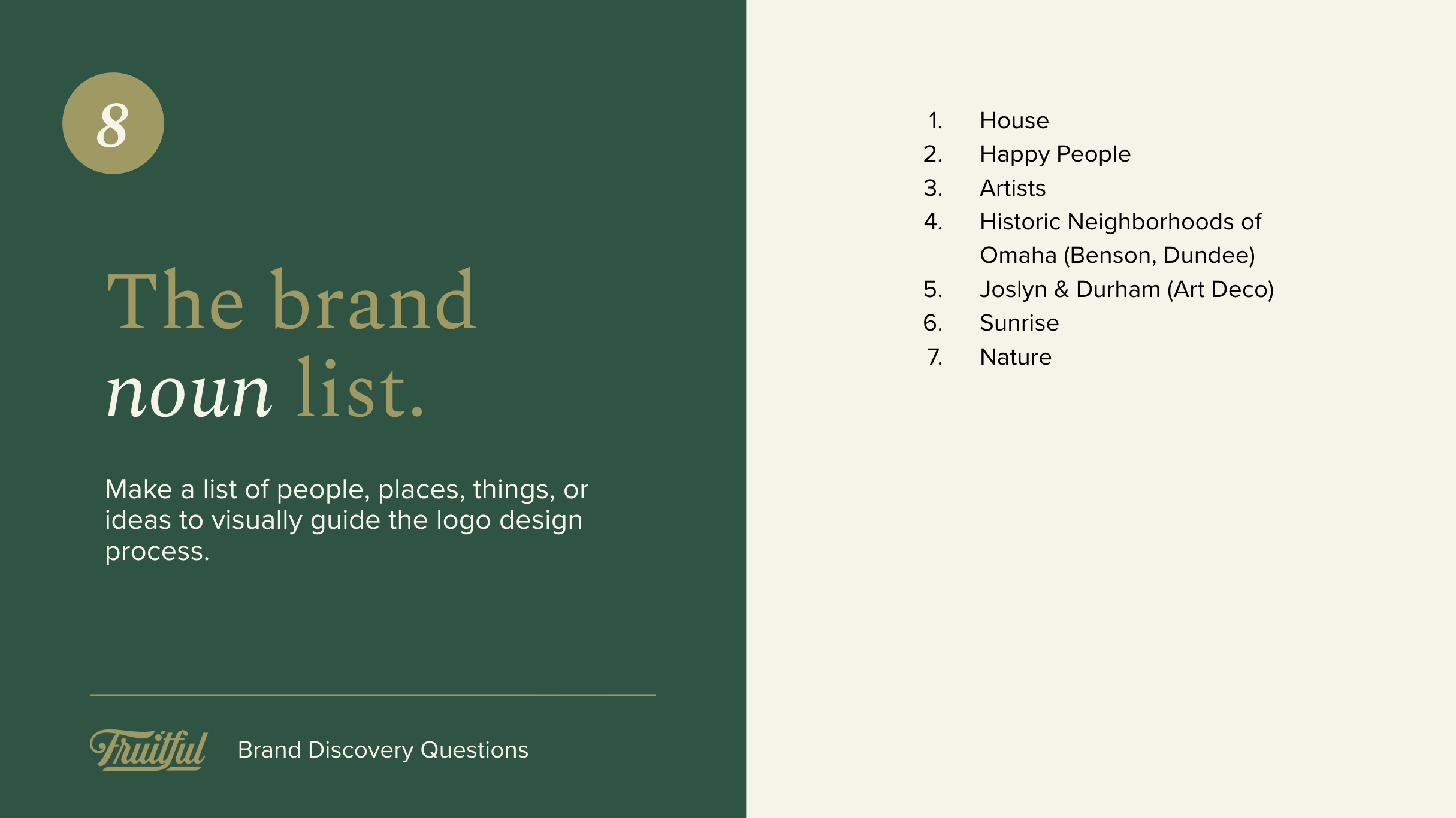 A slide titled 'The brand noun list' with a subtitle 'Make a list of people, places, things, or ideas to visually guide the logo design process.' The slide contains a numbered list with items: 1. House, 2. Happy People, 3. Artists, 4. Historic Neighborhoods of Omaha (Benson, Dundee), 5. Joslyn & Durham (Art Deco), 6. Sunrise, 7. Nature. The slide has a green and cream color scheme with a logo that says 'Truiful' and the section labeled 'Brand Discovery Questions'.