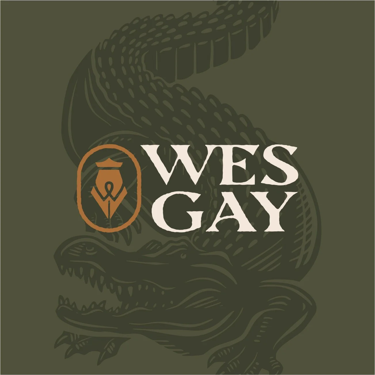 A dark green graphic design featuring the text 'WES GAY' in large white letters overlaid on a stylized illustration of a dinosaur's head, with a small logo of a pen nib inside an orange circle to the left of the text.