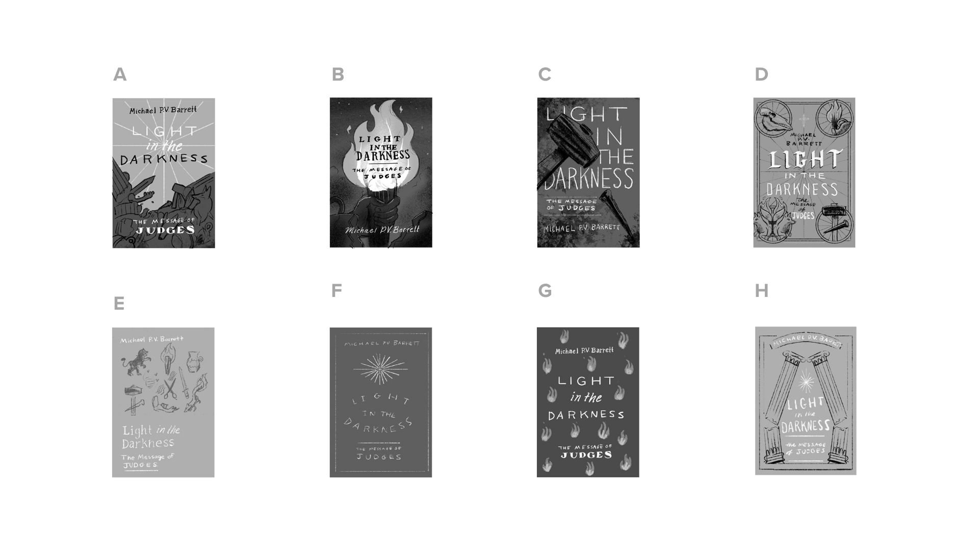 Collection of eight book covers for "Light in the Darkness" by Michael P.V. Barrett, each with different illustrations and designs.