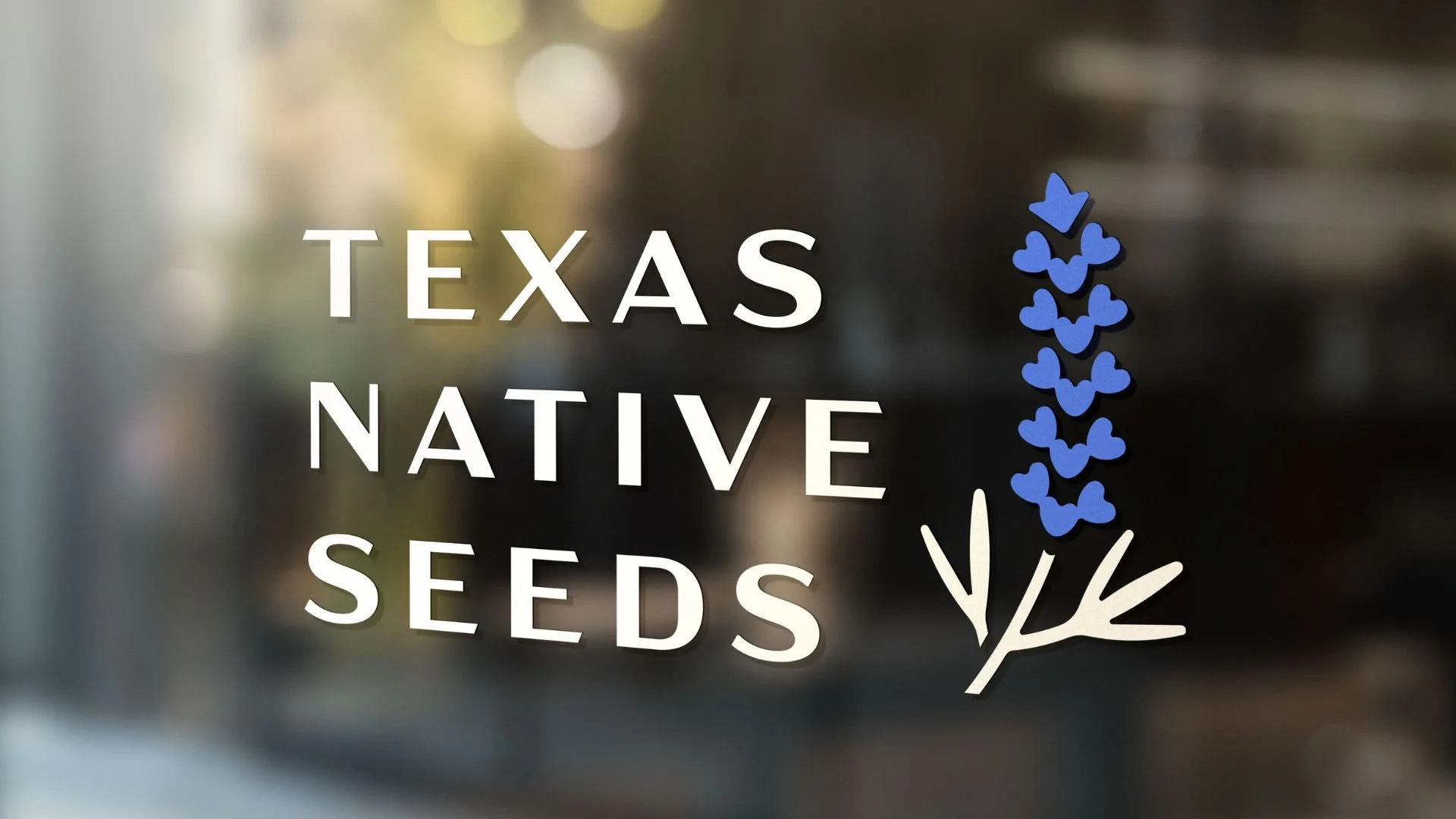 Sign with the words 'Texas Native Seeds' and a graphic of a blueflower with a white base.