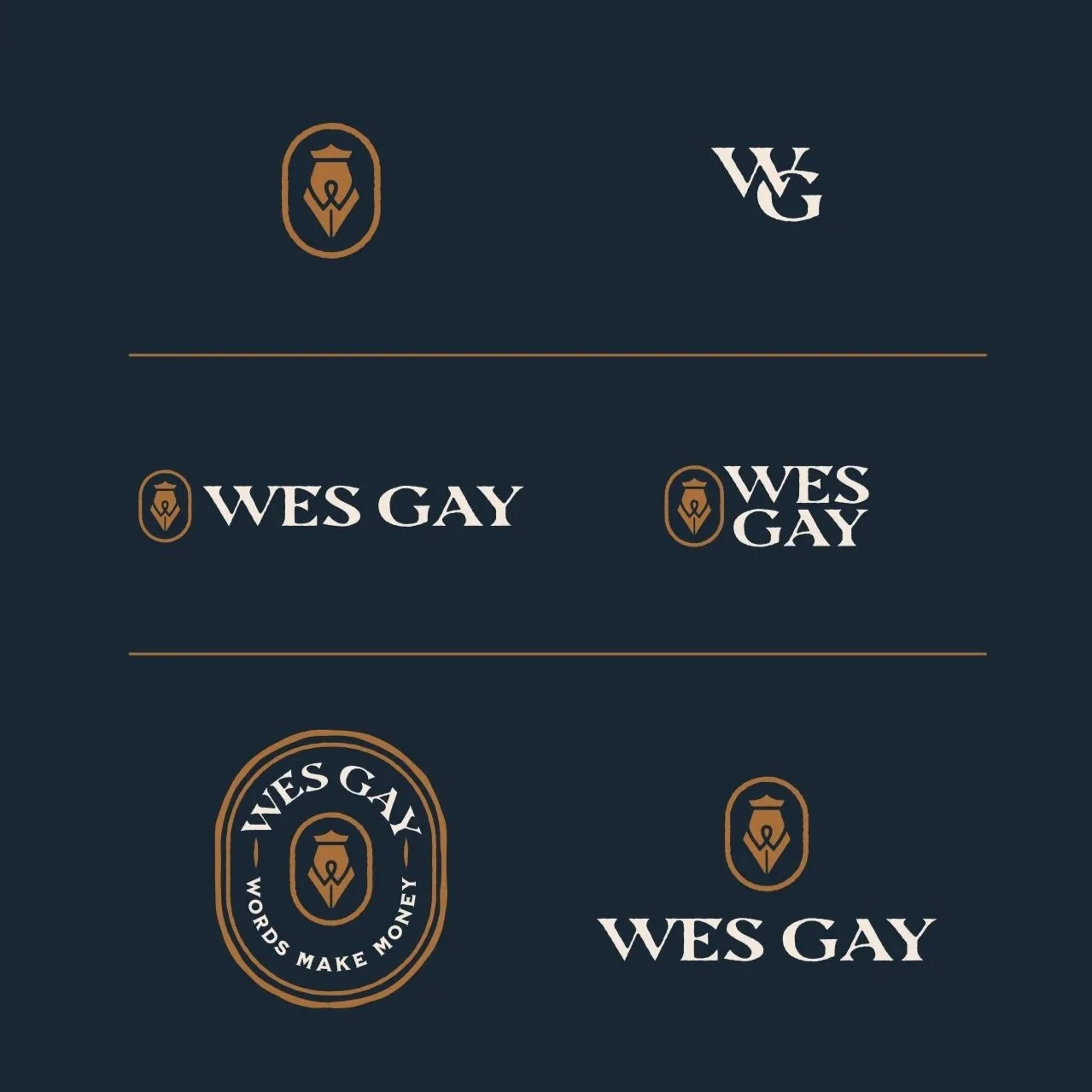 Multiple logo designs for 'Wes Gay' featuring a pen nib symbol and the text 'Wes Gay' in various styles, with tags 'Words Make Money' and different arrangements of the name.