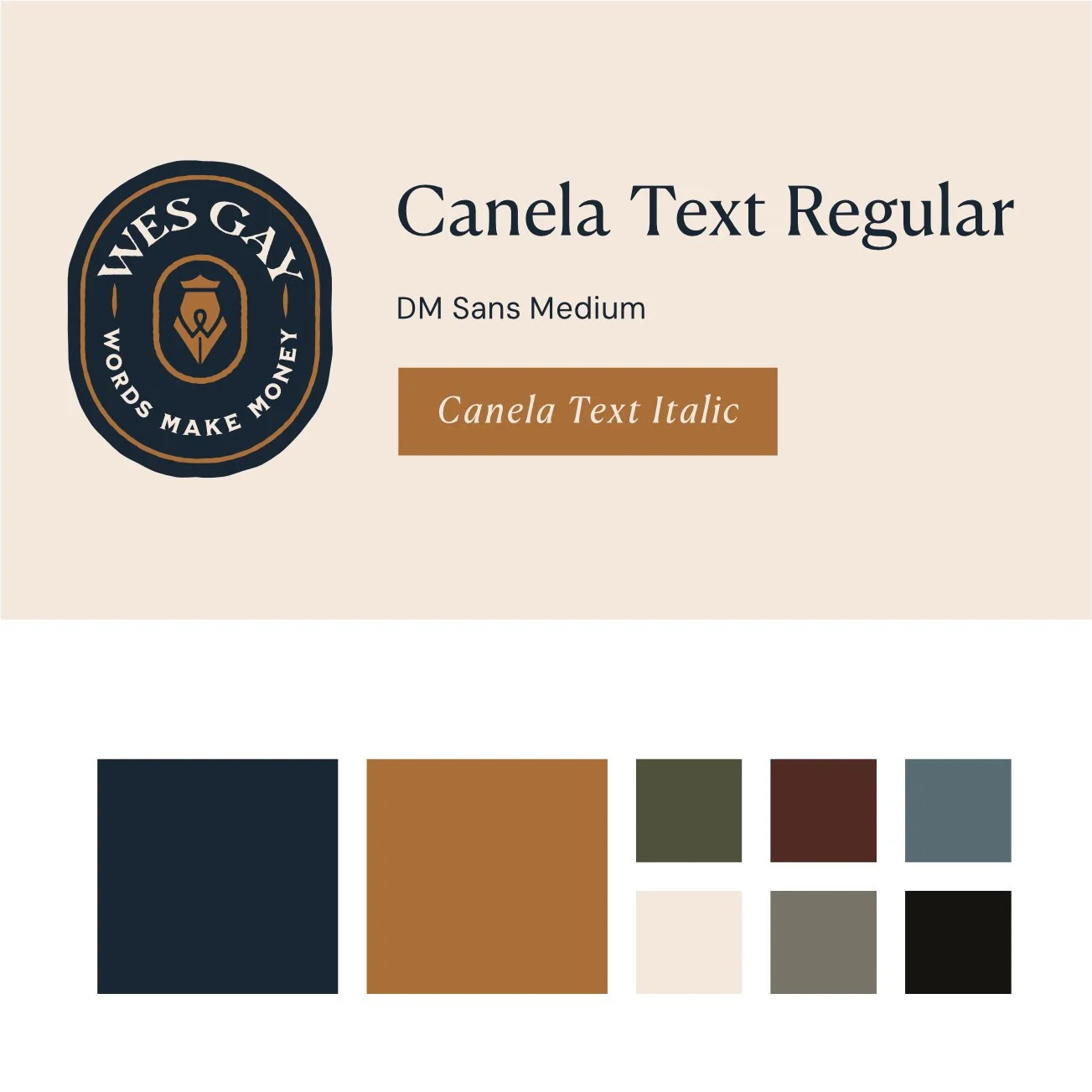 Design template showcasing various font styles and color swatches. The template features a circular logo with text reading ' Gay' and 'Words Make Money', along with font options for 'Canela Text Regular', 'DM Sans Medium', and 'Canela Text Italic' on a beige background.