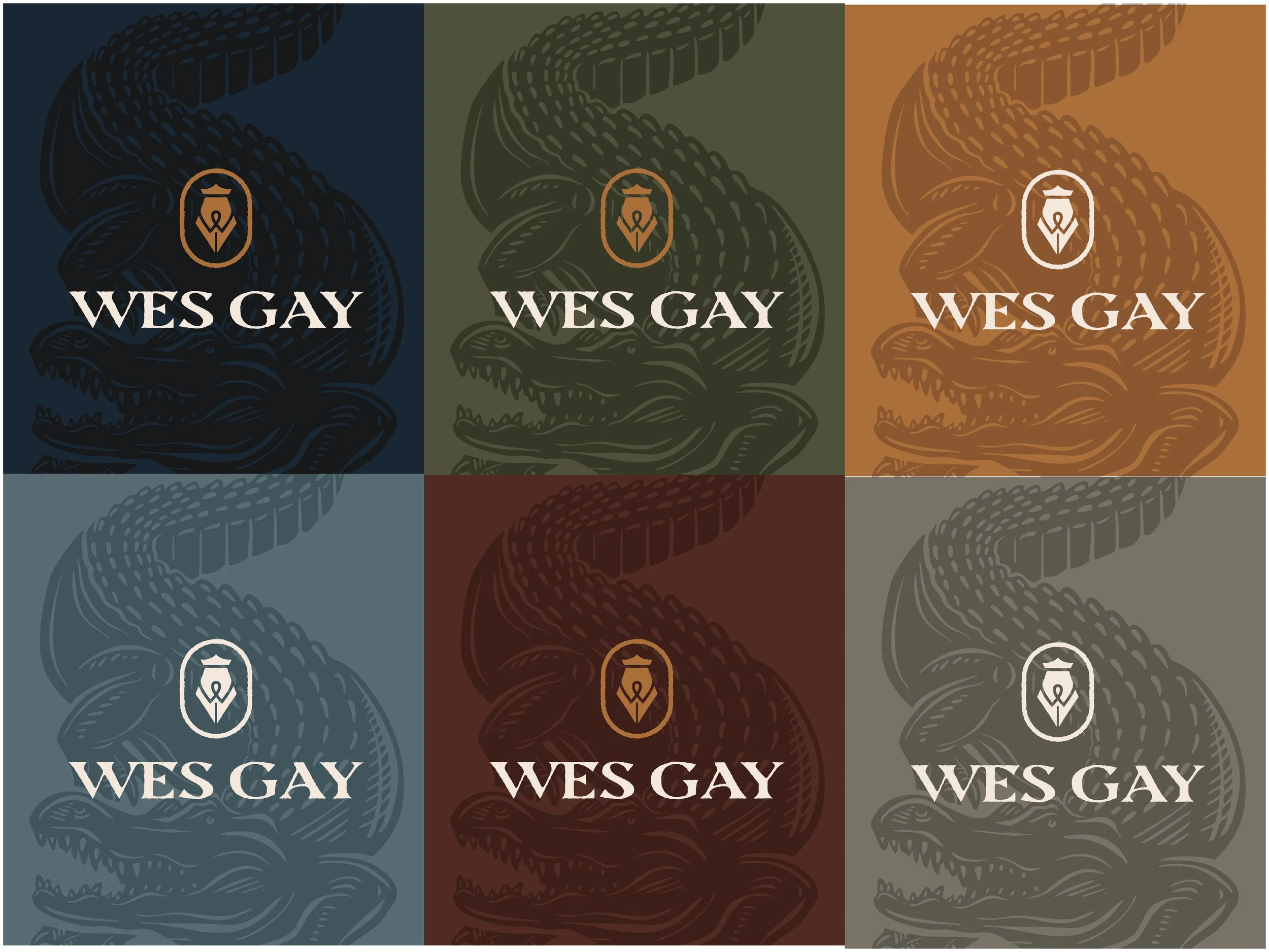 Multicolored graphic featuring a dinosaur head silhouette with the text 'WES GAY' in different colors across three sections.