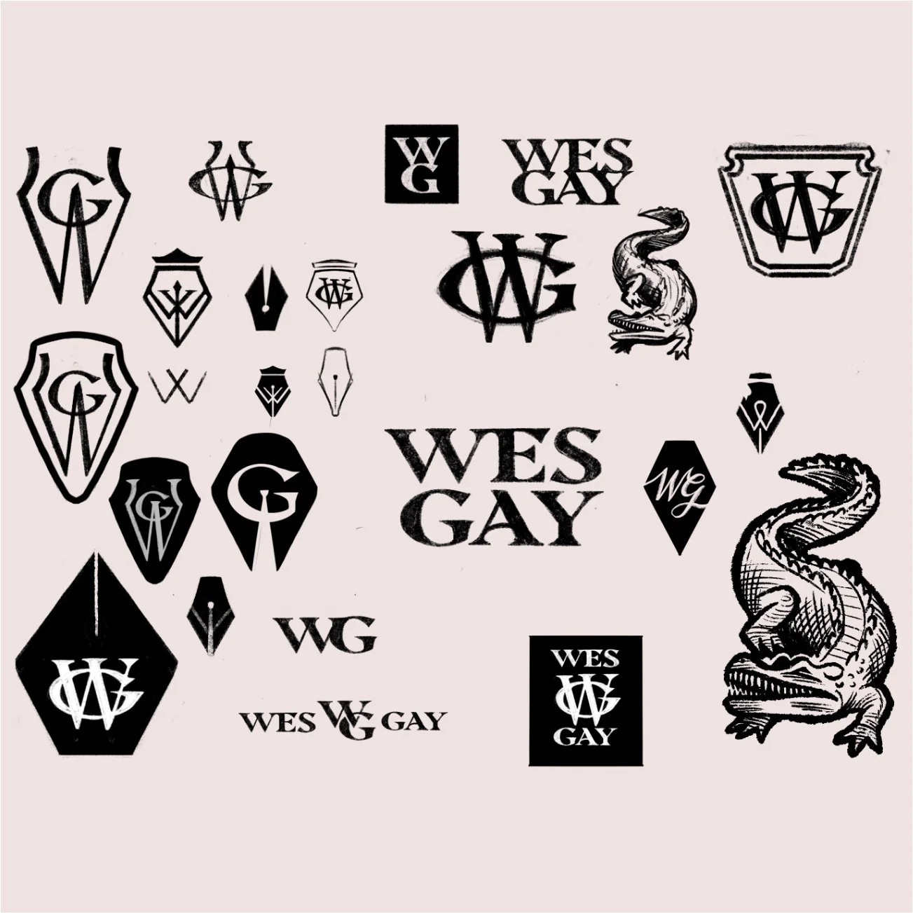 Collection of black and white logo stickers with the words 'WES GAY' and various stylized designs, some accompanied by illustrations of a dragon and a crocodile.
